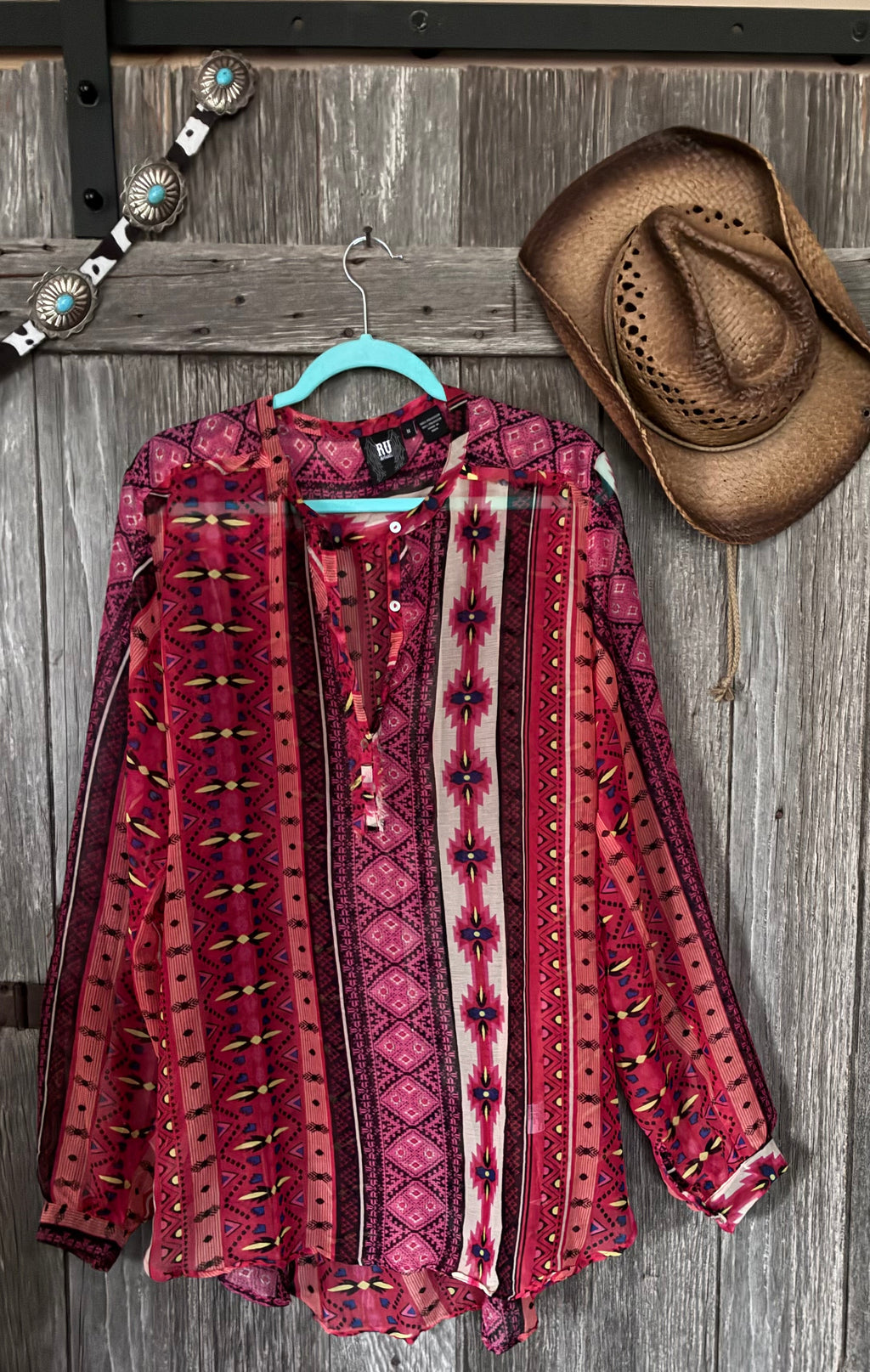 RU Apparel Aztec Boho Western Button-Up Blouse | Size 1X