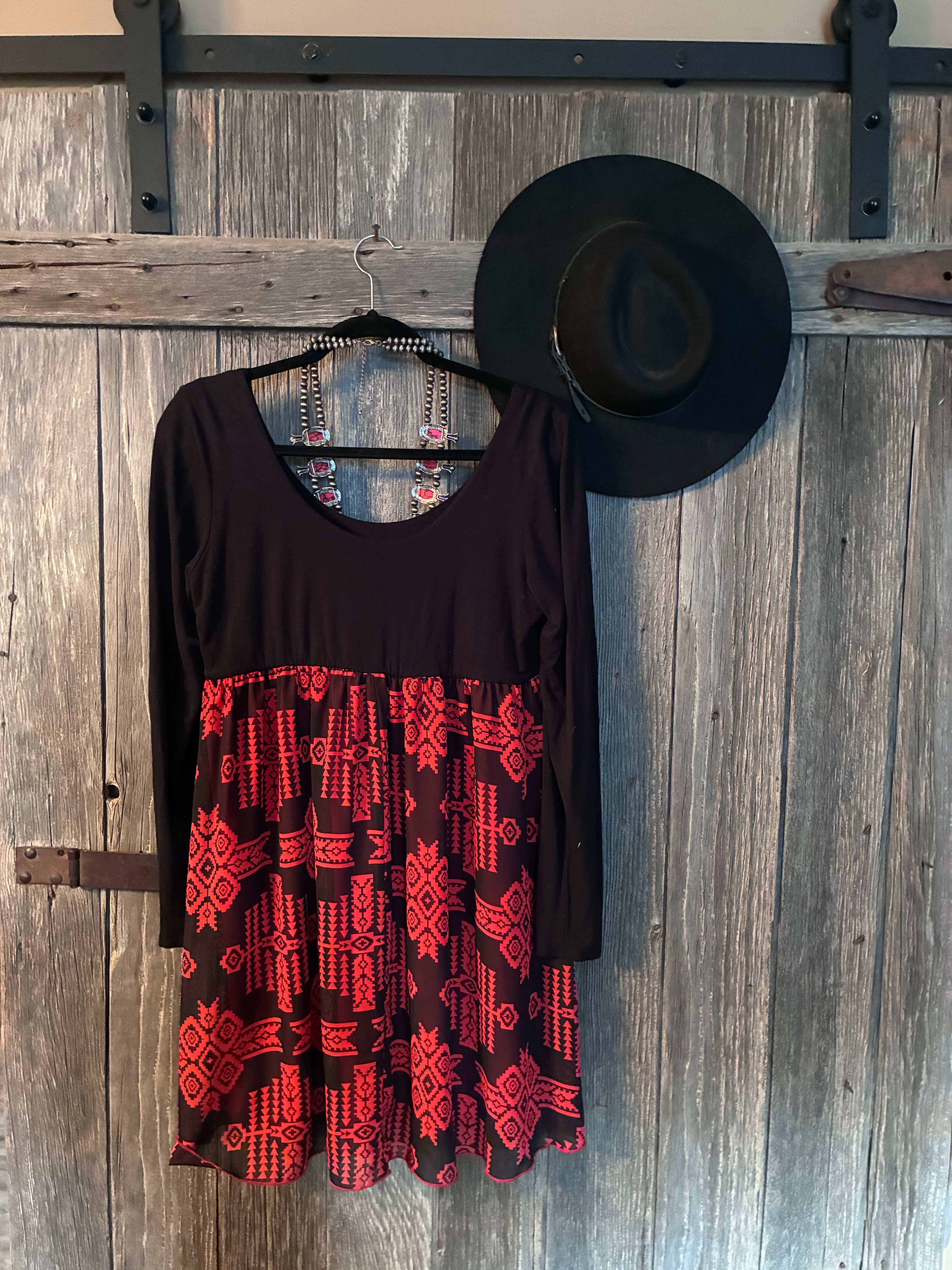 NYMPHE Black & Red Aztec Babydoll Mini Dress | Size L | Boho Westernwear