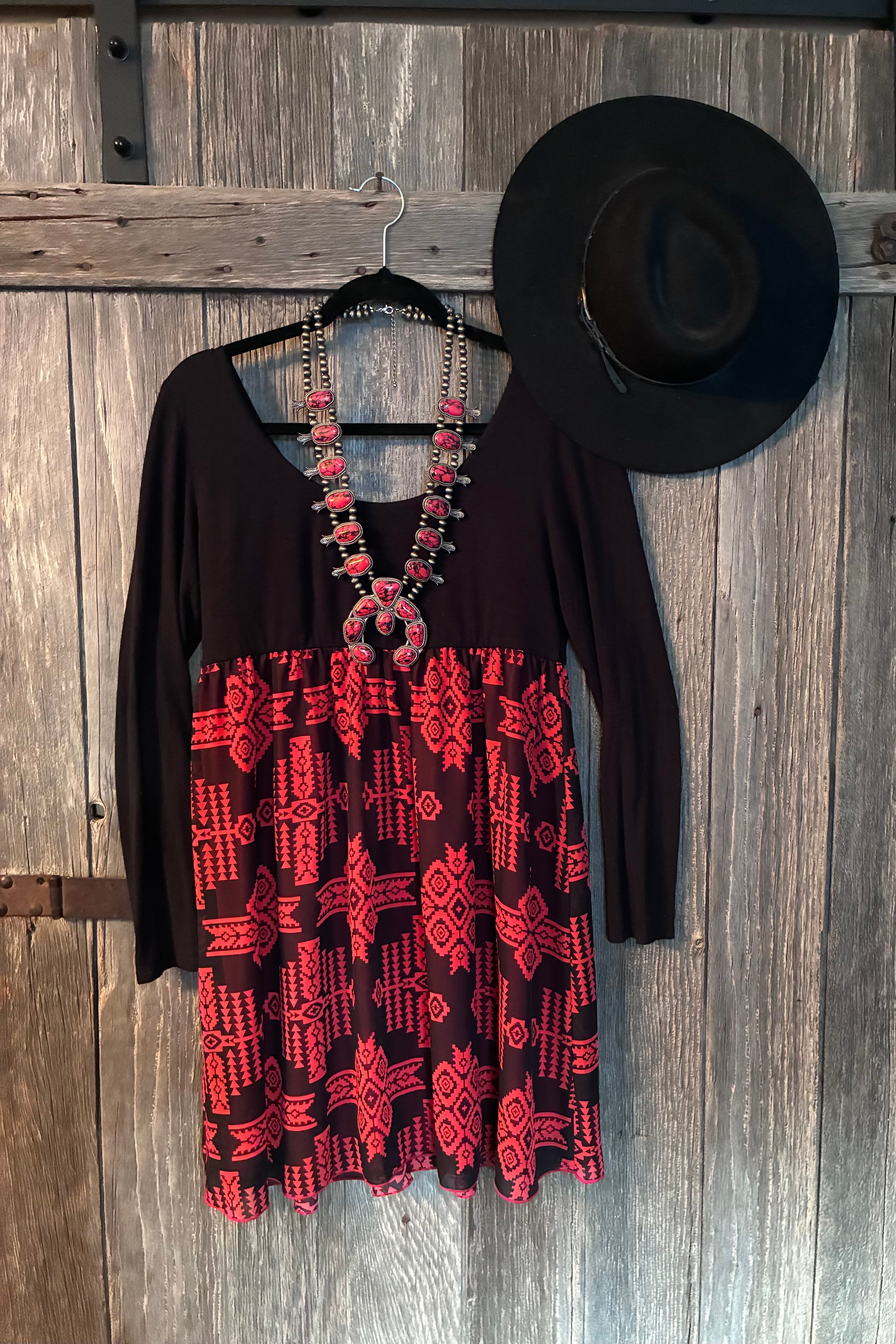 NYMPHE Black & Red Aztec Babydoll Mini Dress | Size L | Boho Westernwear