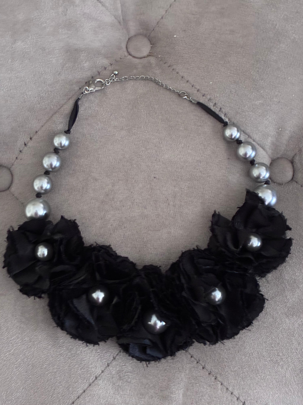 Black Rosette & Silver Pearl Statement Necklace
