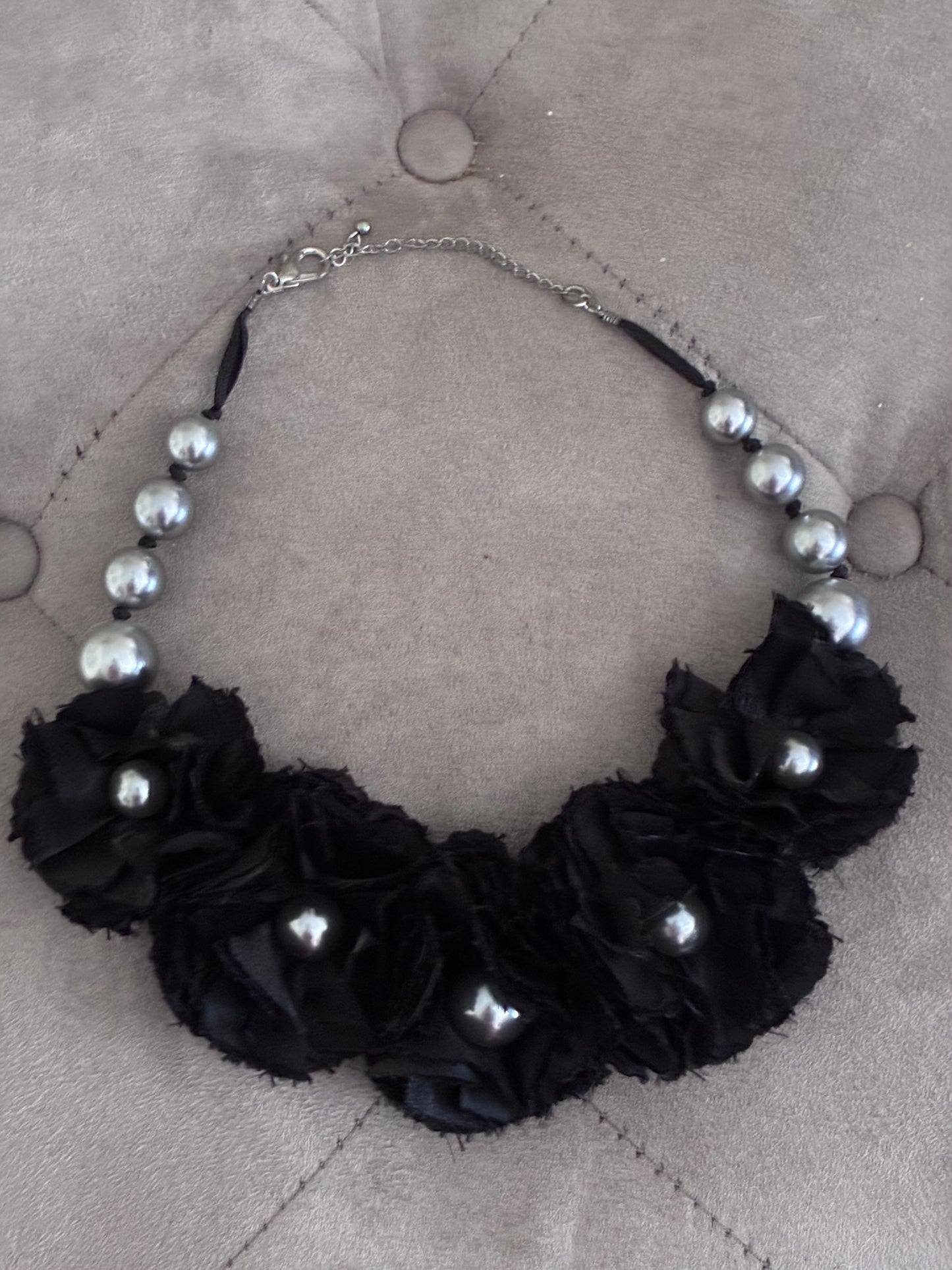 Black Rosette & Silver Pearl Statement Necklace