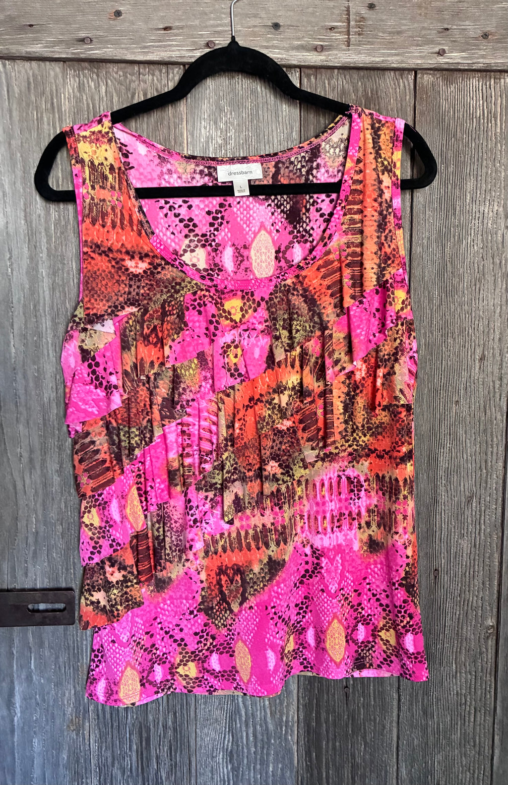 Dressbarn Pink Animal Print Ruffle Front Sleeveless Top
