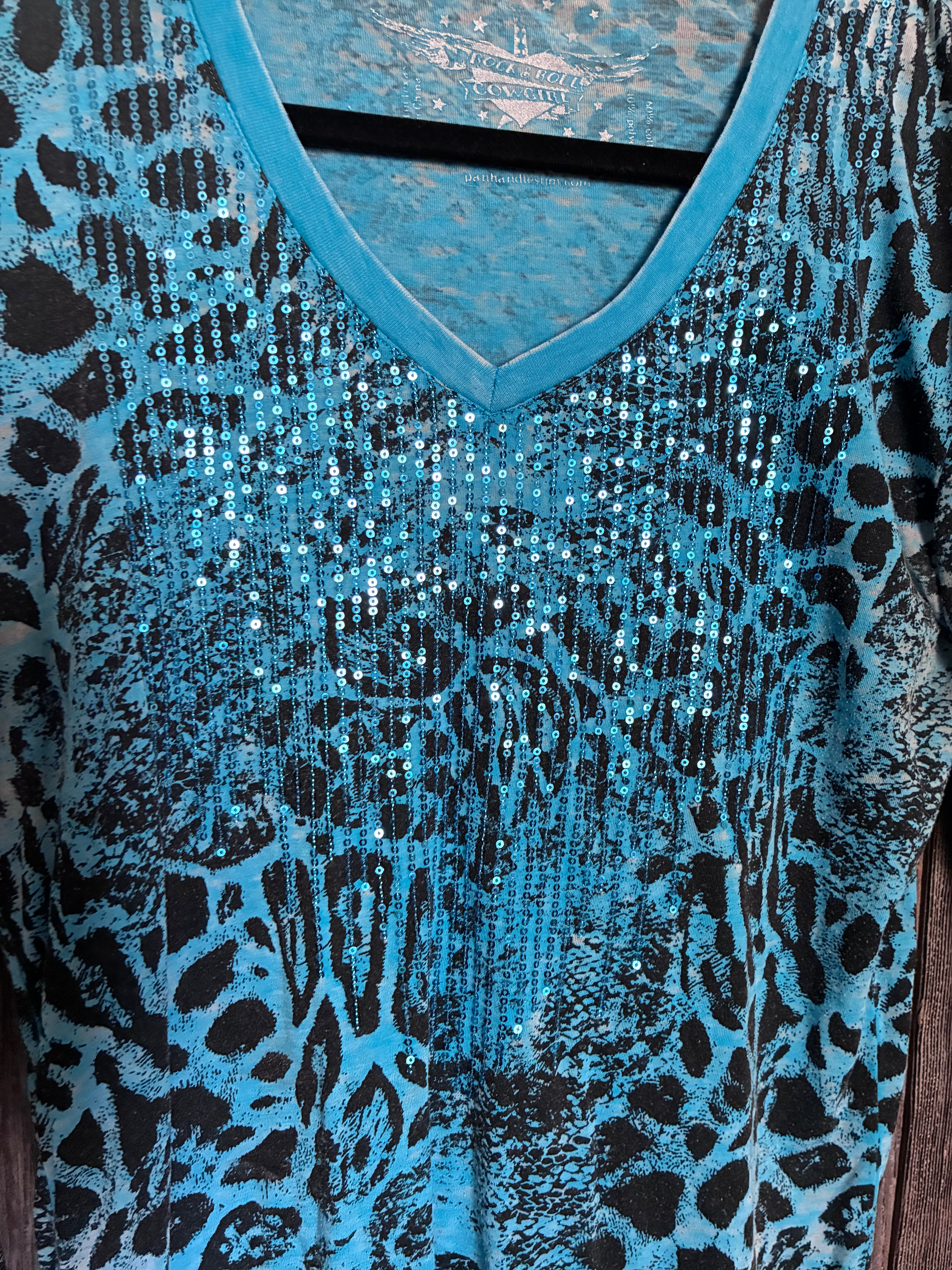 Rock & Roll Cowgirl Turquoise Animal Print Sequin Top