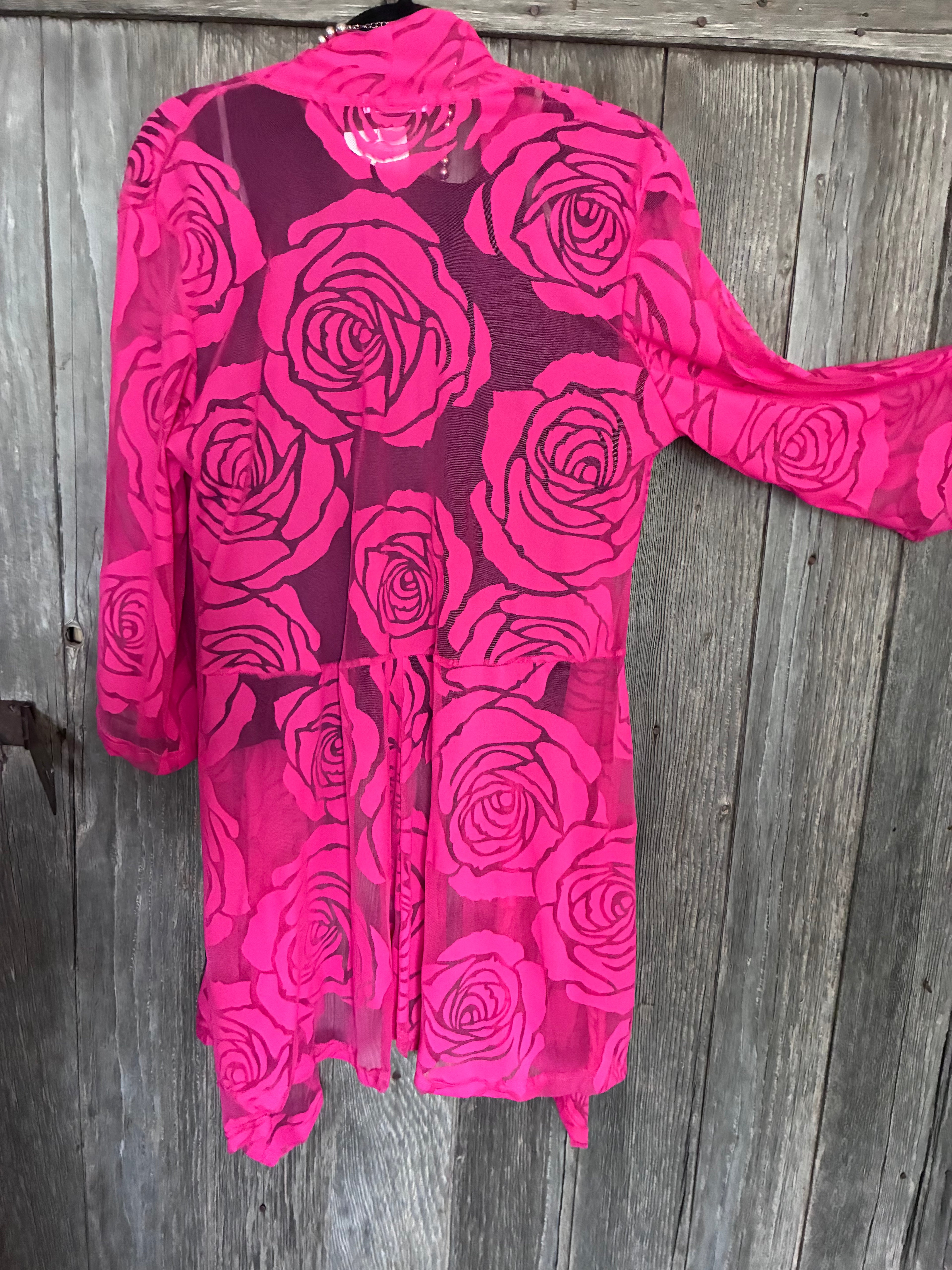 Magna Rose Print Kimono Cardigan – Hot Pink (10/12)