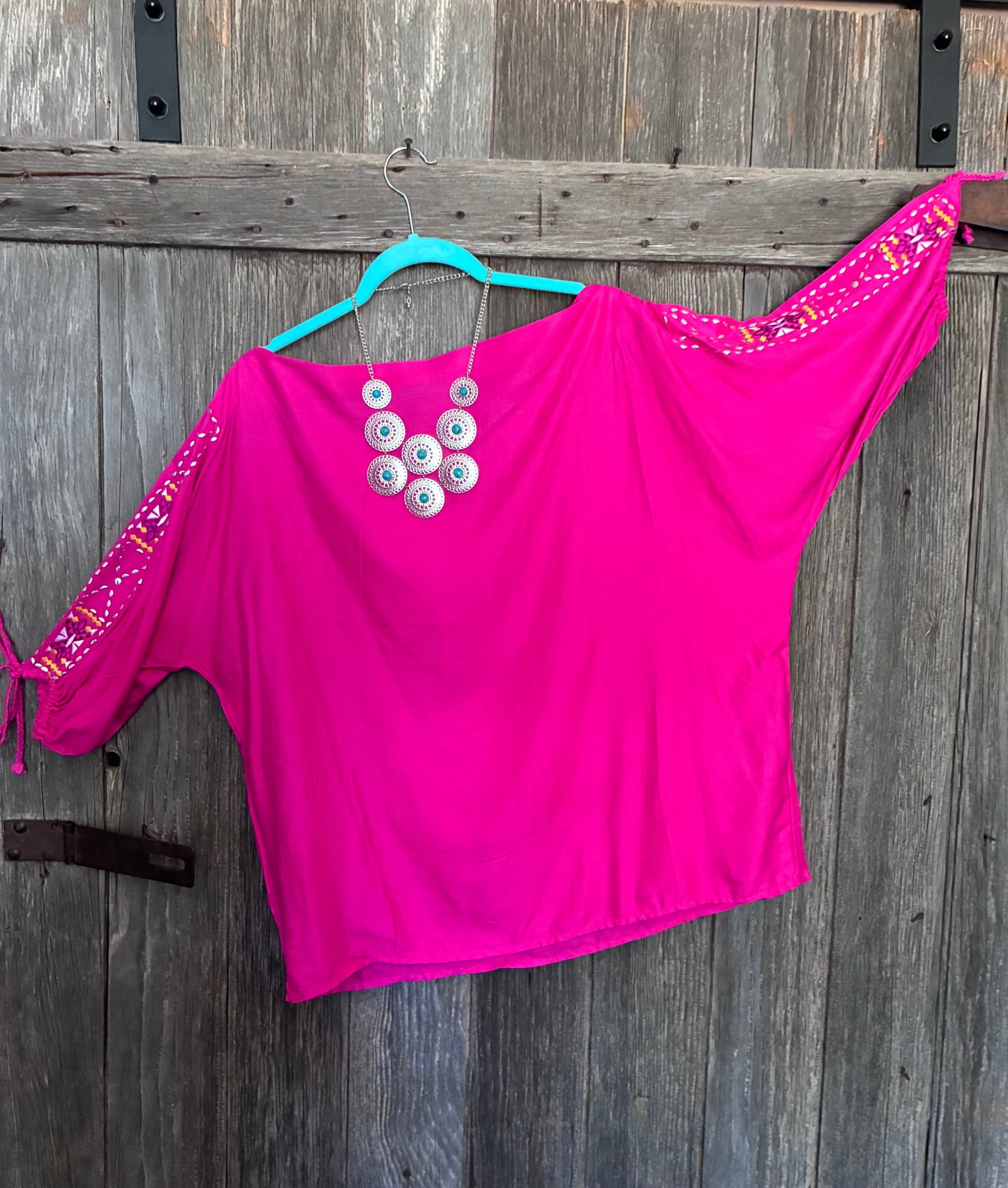 Hot Pink Panhandle Slim Boho Top – Embroidered Cutwork Sleeves