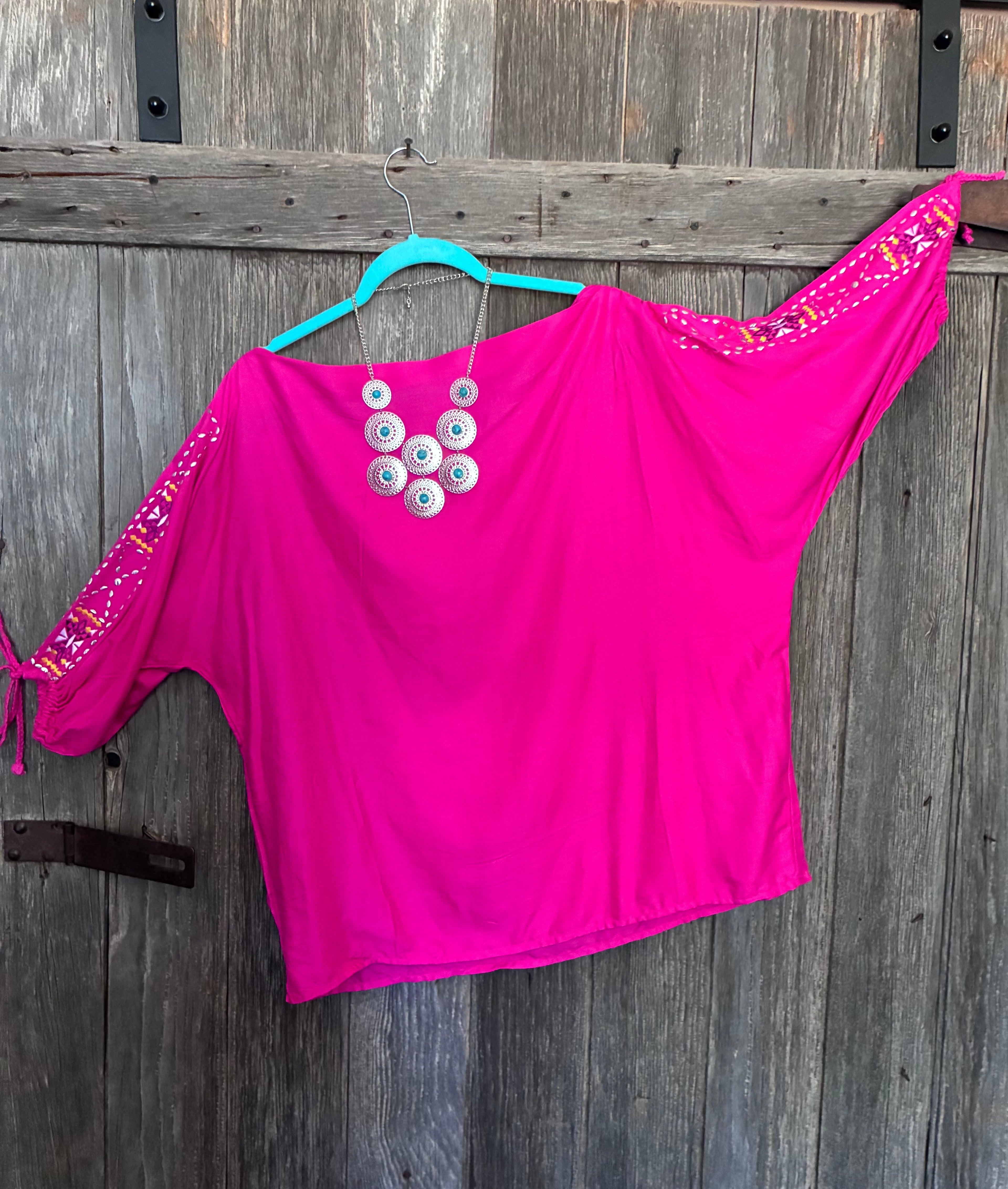 Hot Pink Panhandle Slim Boho Top – Embroidered Cutwork Sleeves-Size L