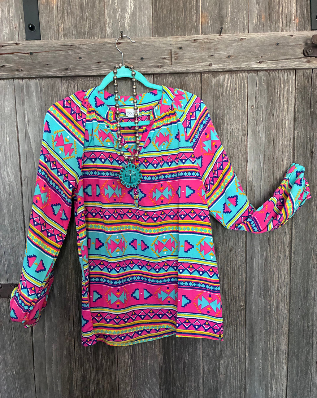 All For Color Aztec Boho Long Sleeve Top-Size L