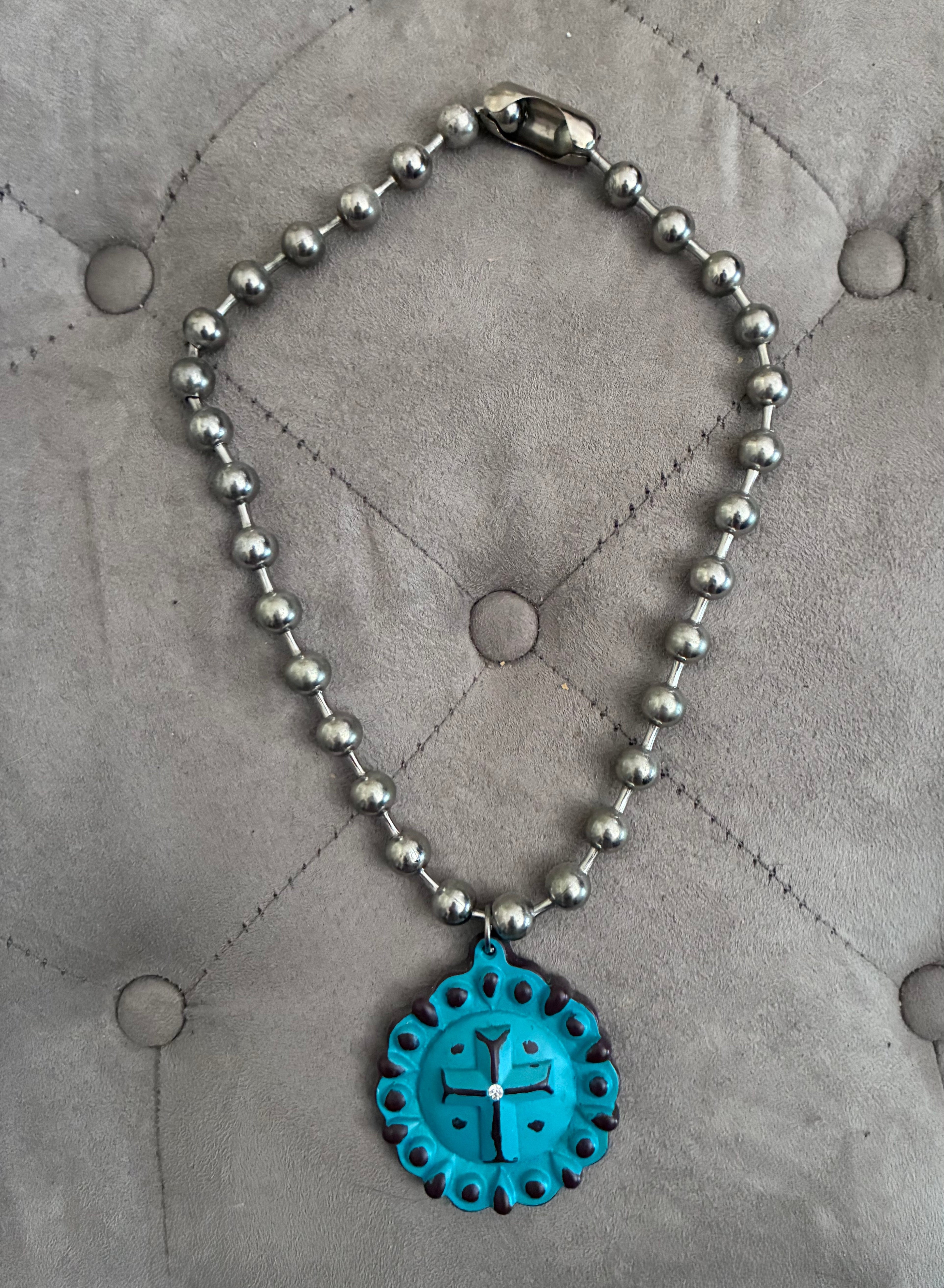 Silver Ball Chain Turquoise Concho Pendant Necklace