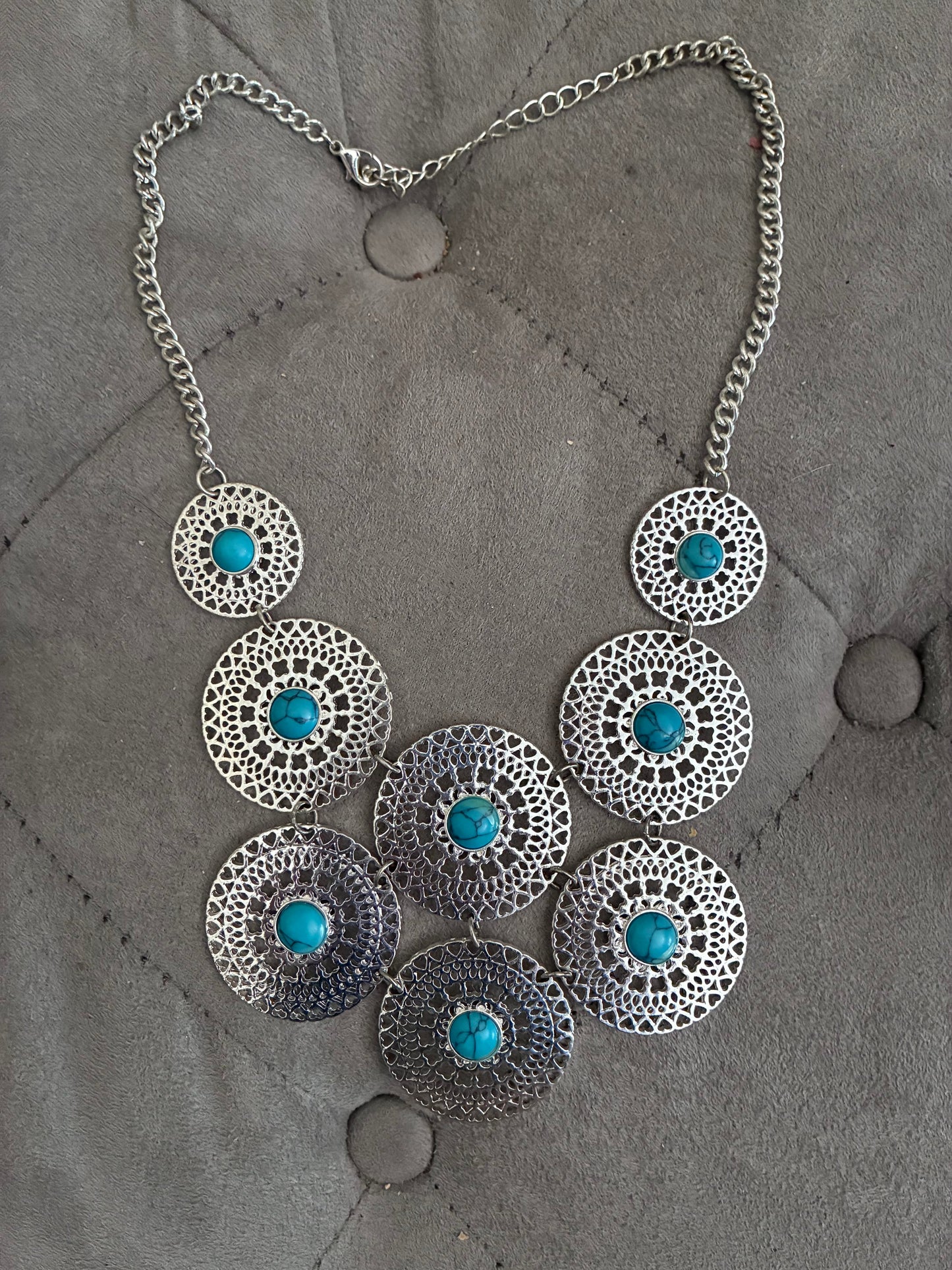 Silver Filigree & Turquoise-Style Bib Statement Necklace