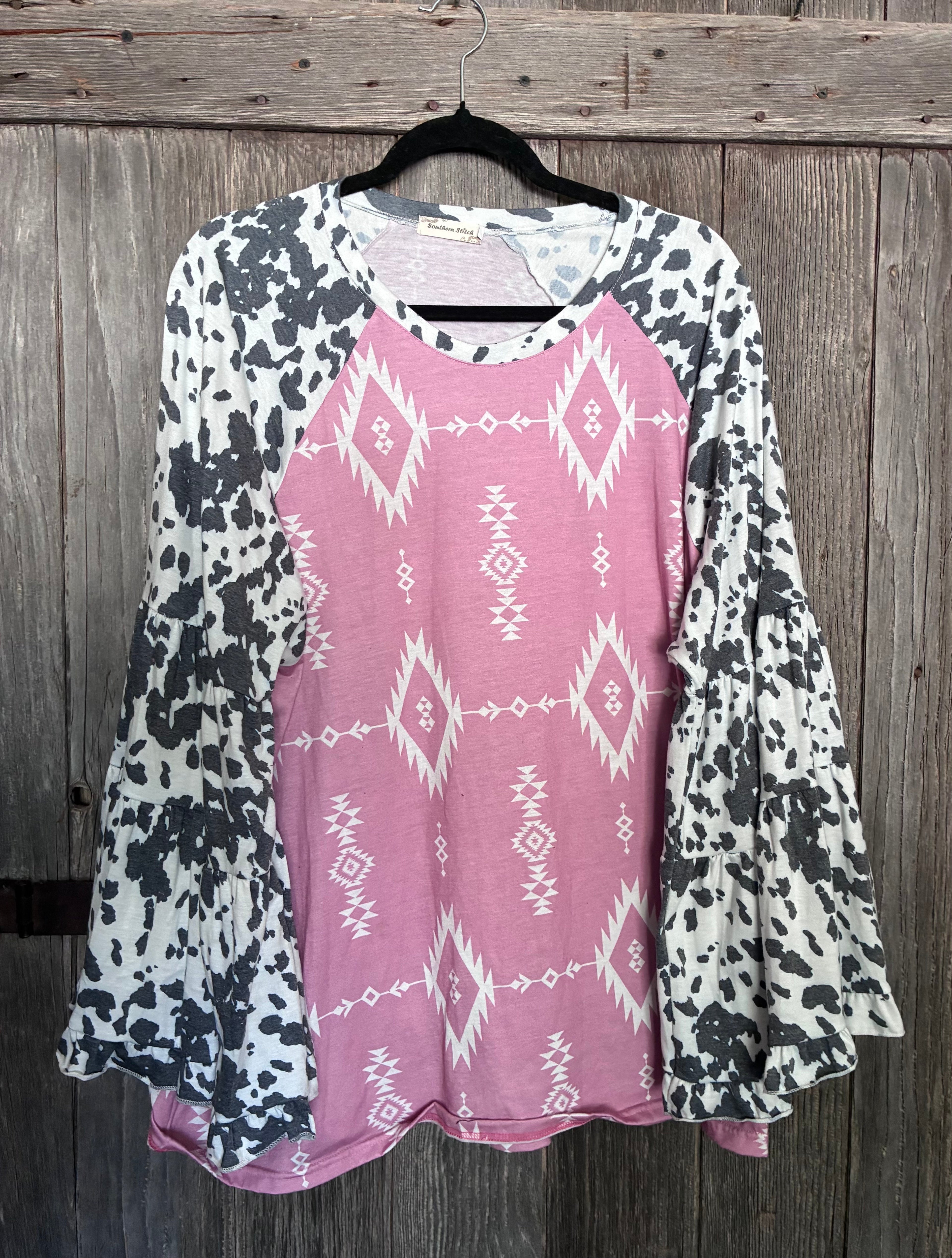 Pink Cadillac Aztec & Cow Print Bell Sleeve Top-Size 3XL