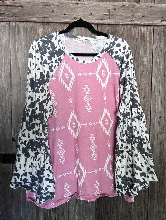 Pink Cadillac Aztec & Cow Print Bell Sleeve Top