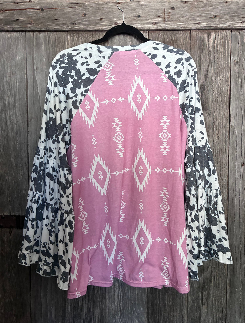 Pink Cadillac Aztec & Cow Print Bell Sleeve Top-Size 3XL