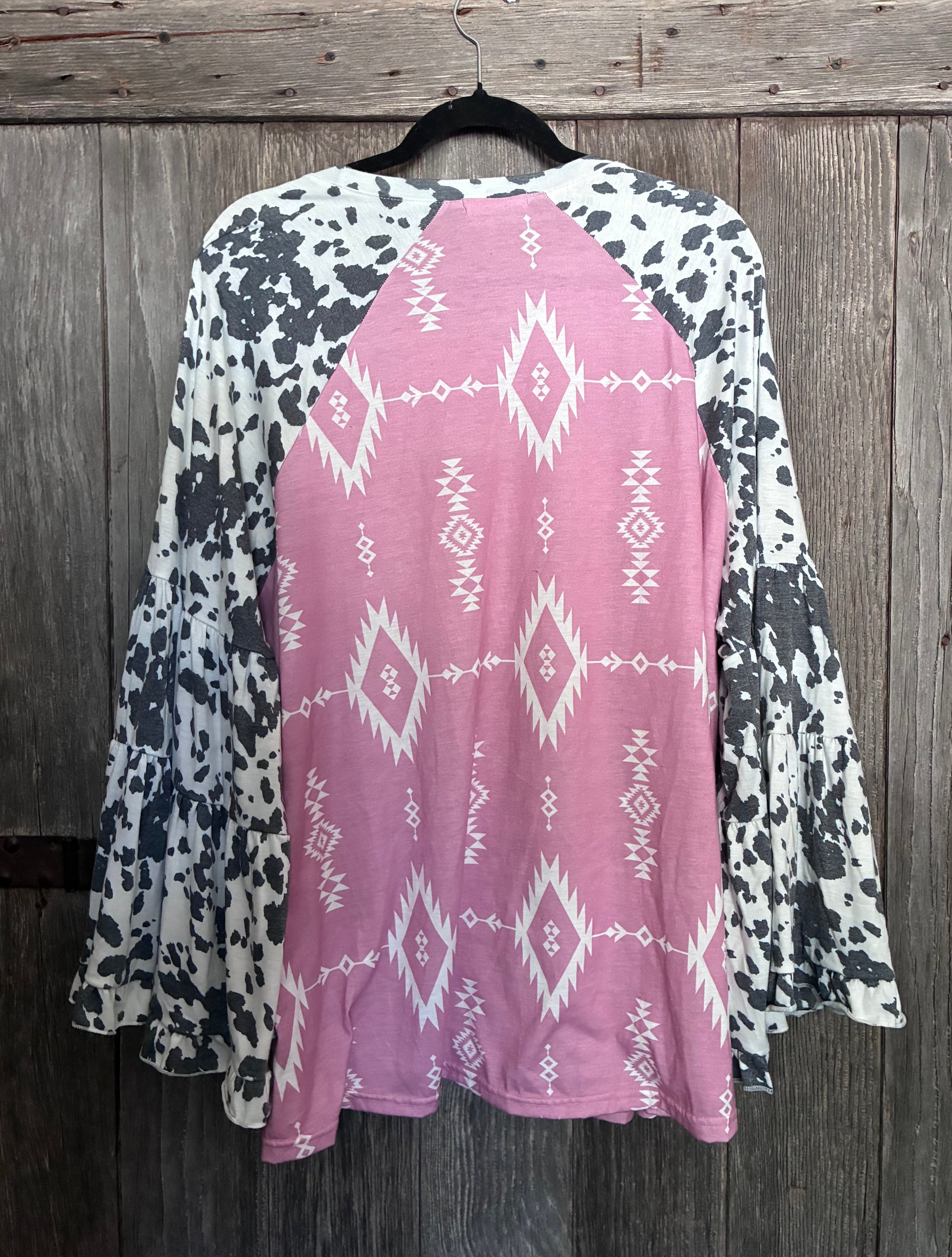 Pink Cadillac Aztec & Cow Print Bell Sleeve Top-Size 3XL