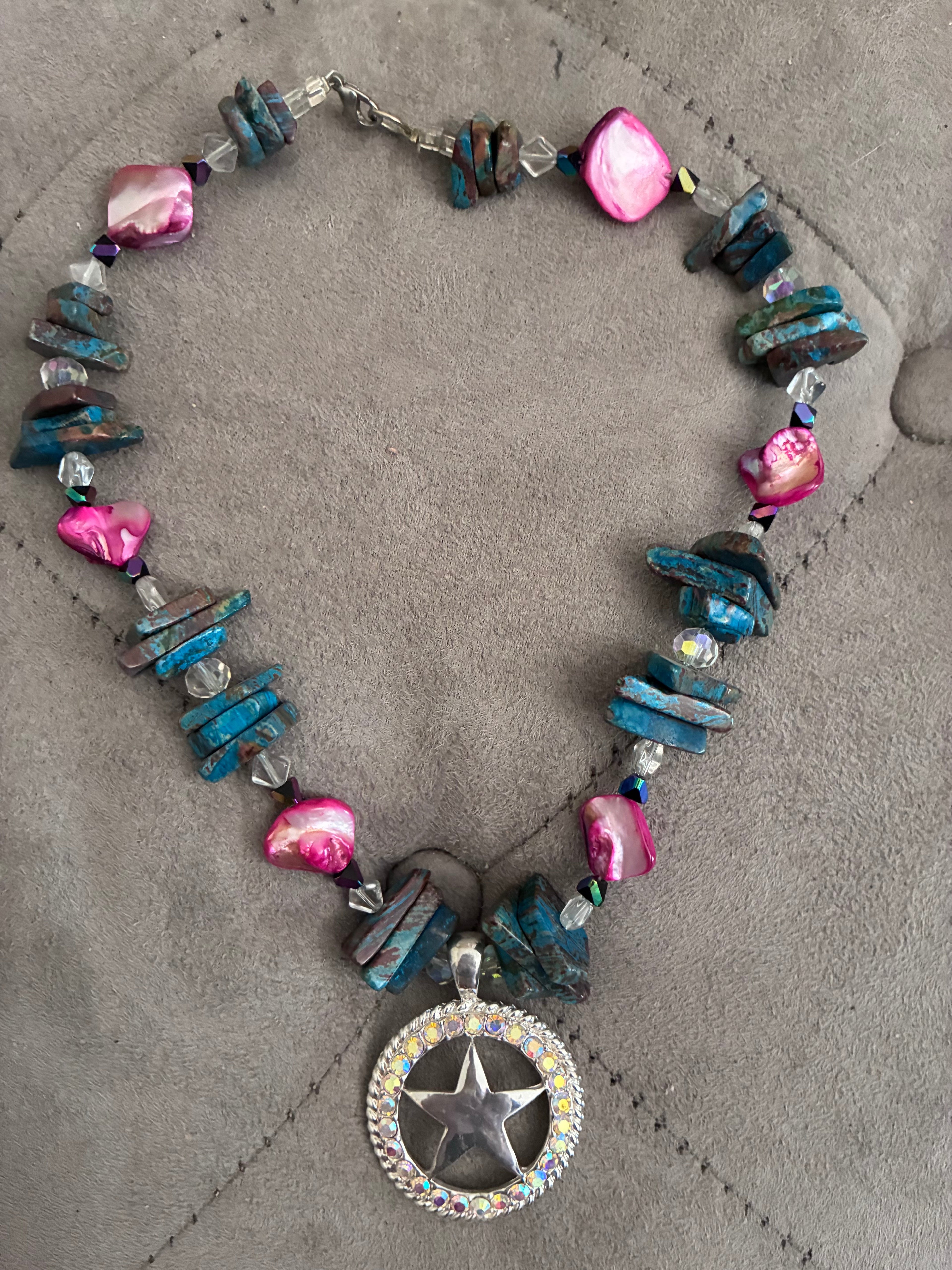 Teal & Pink Beaded Western Star Pendant Necklace