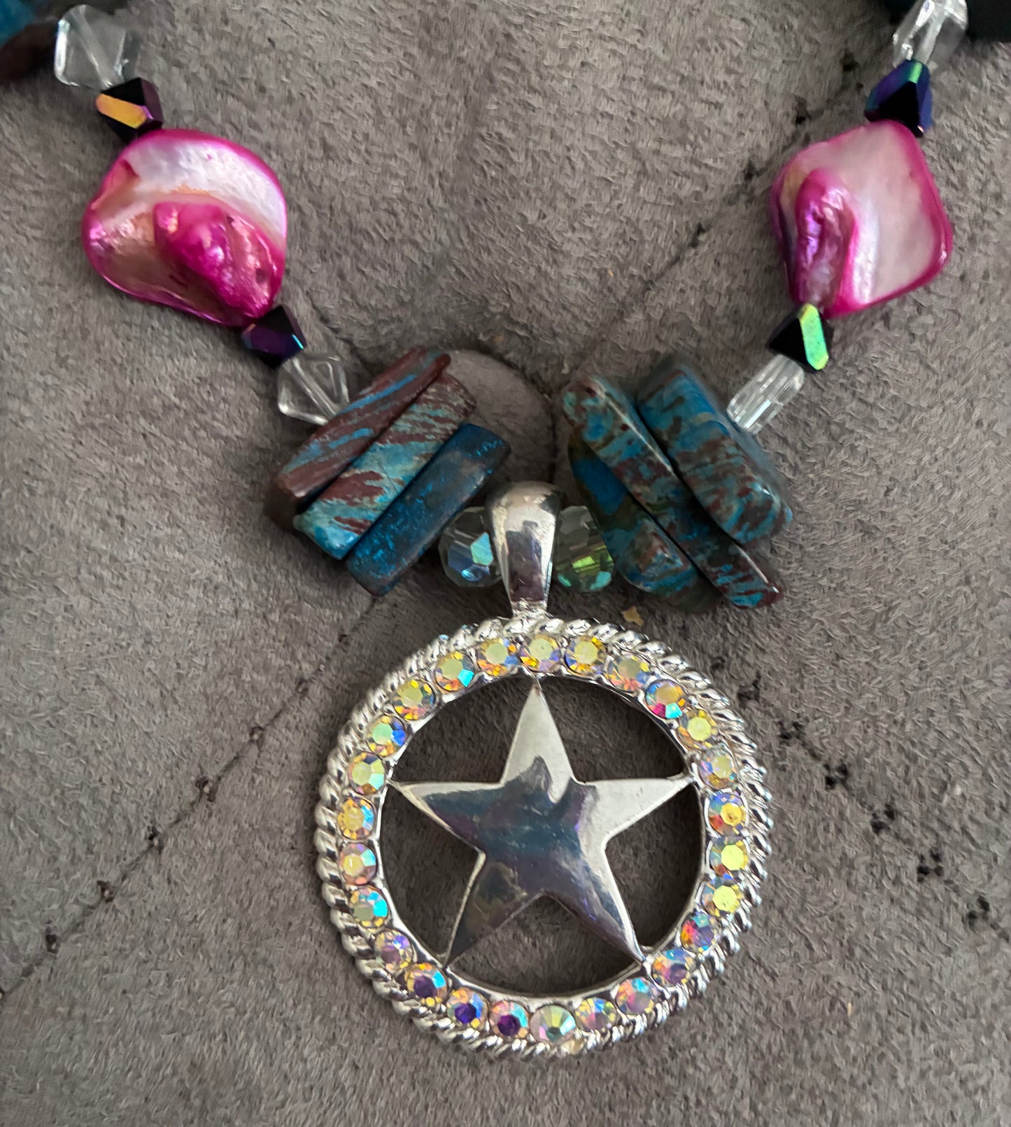 Teal & Pink Beaded Western Star Pendant Necklace