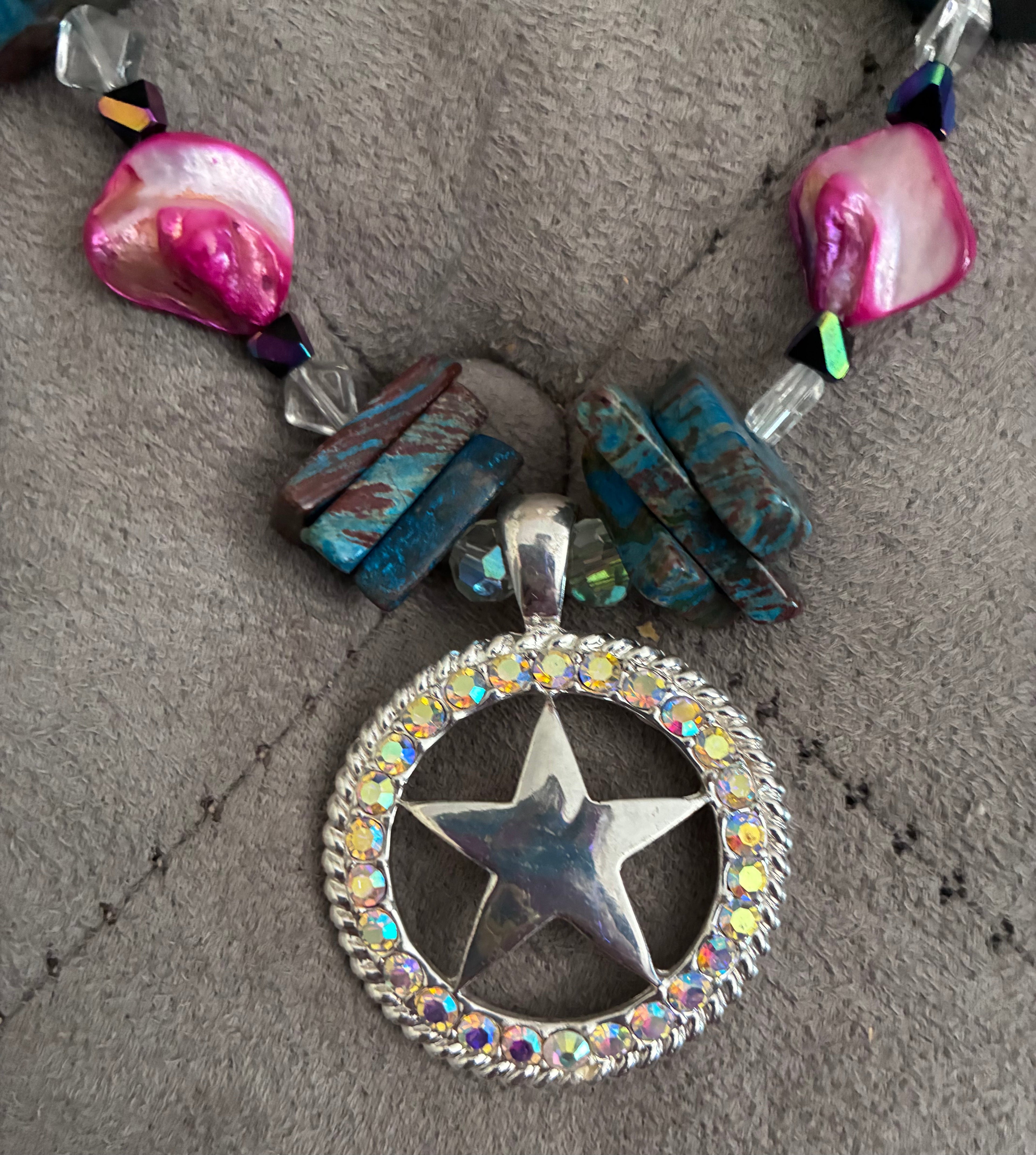 Teal & Pink Beaded Western Star Pendant Necklace