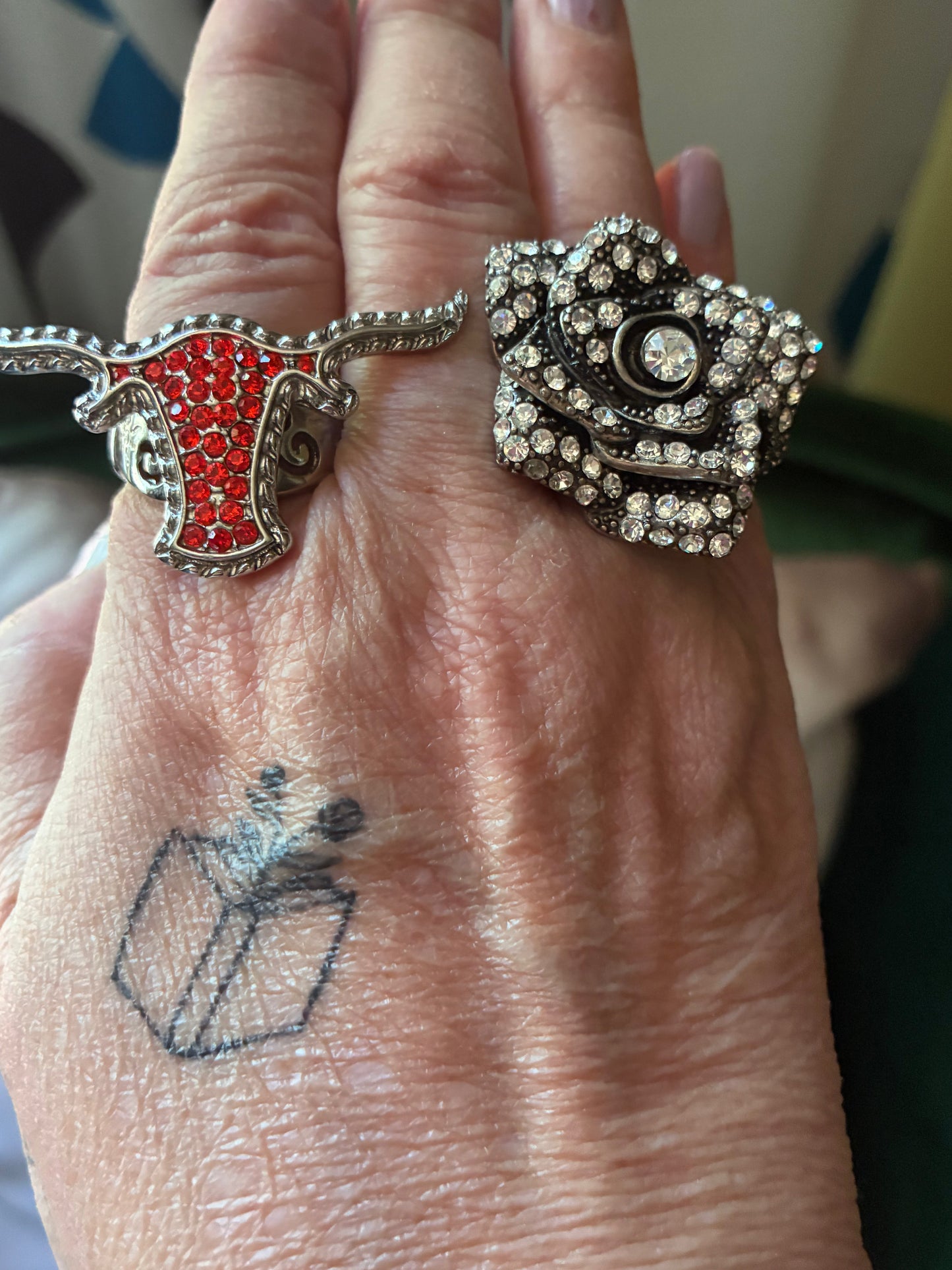 Red Rhinestone Longhorn Adjustable Ring