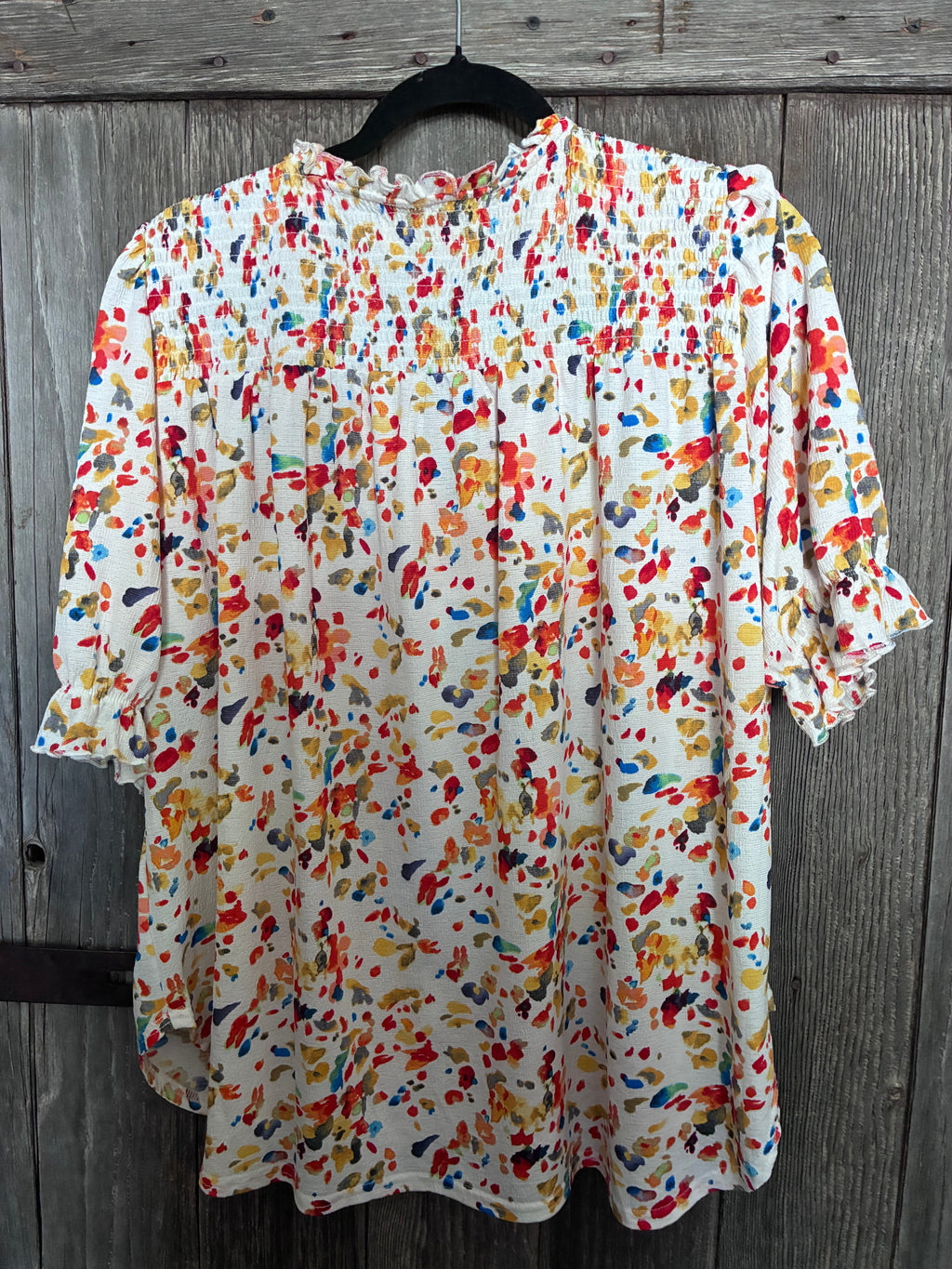 Melloday Watercolor Confetti Smocked Blouse-Size XL