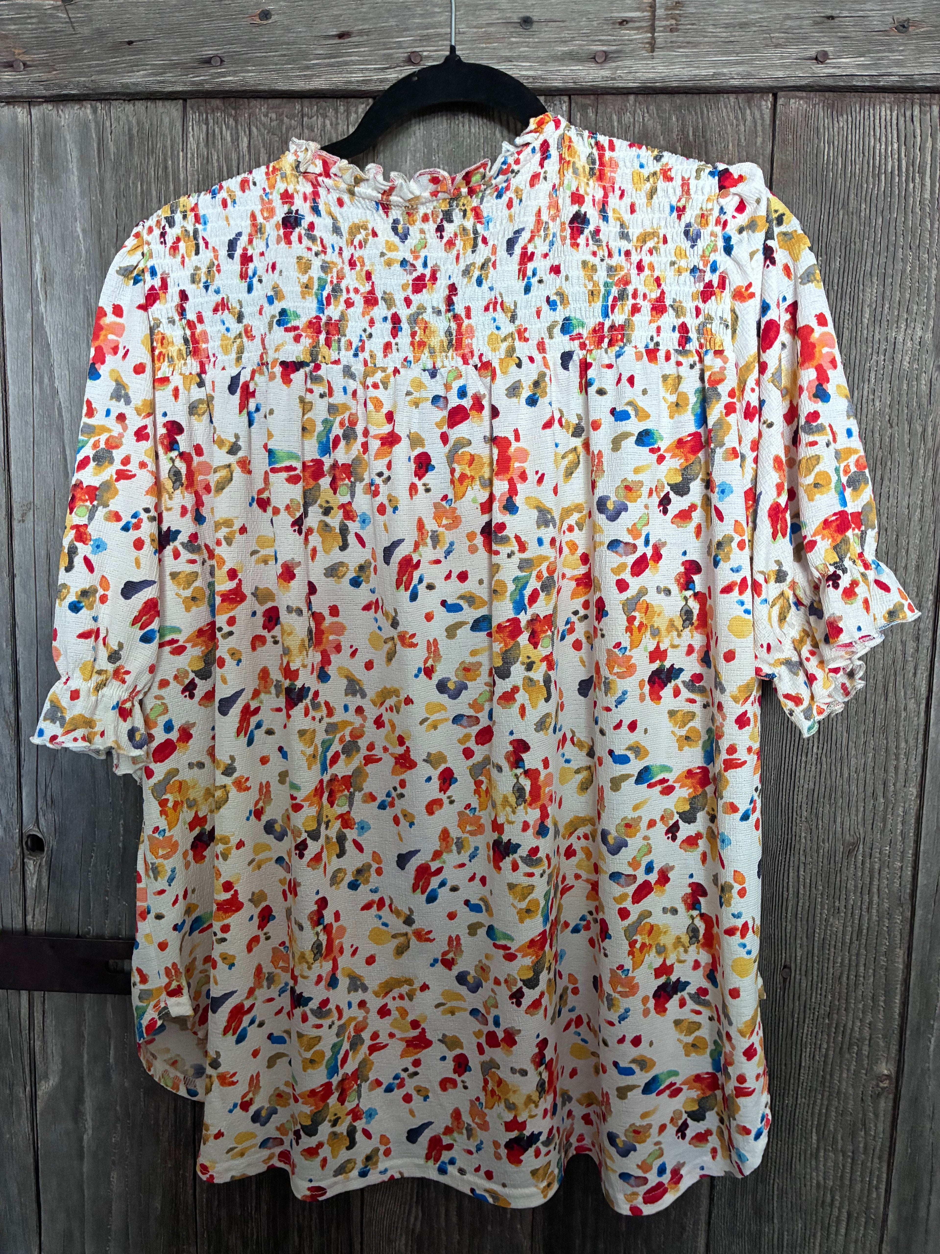 Melloday Watercolor Confetti Smocked Blouse-Size XL