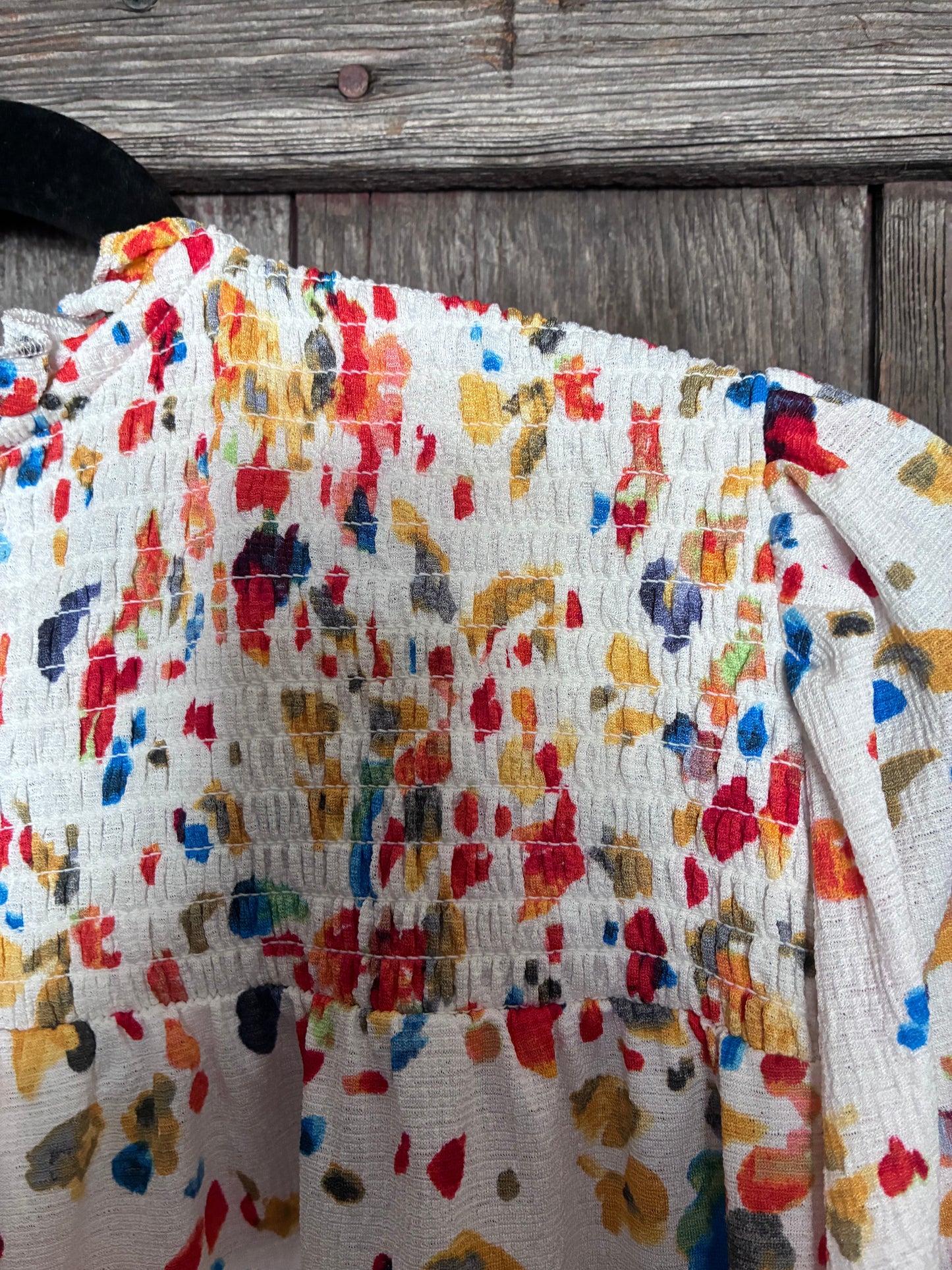 Melloday Watercolor Confetti Smocked Blouse
