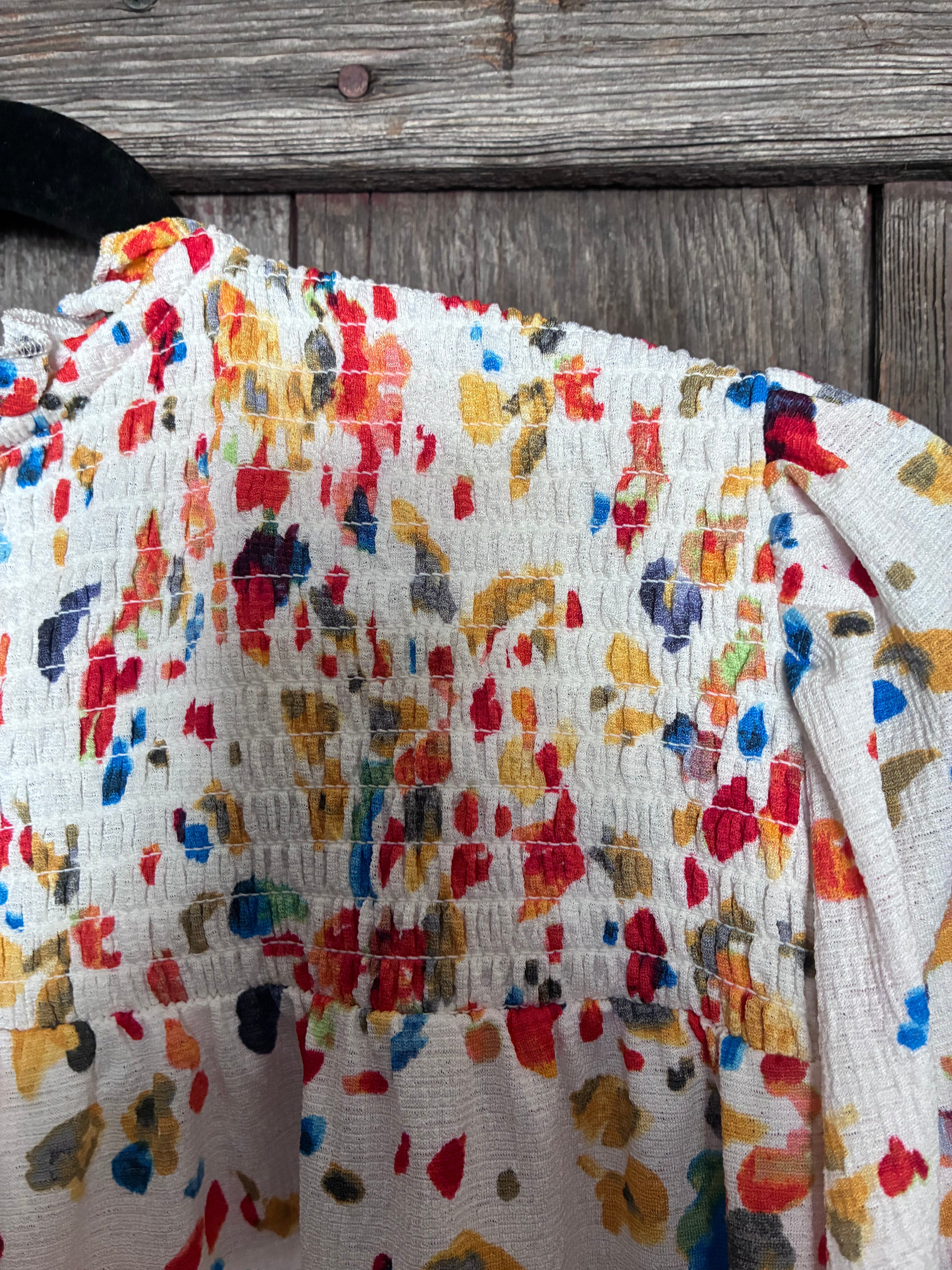 Melloday Watercolor Confetti Smocked Blouse-Size XL