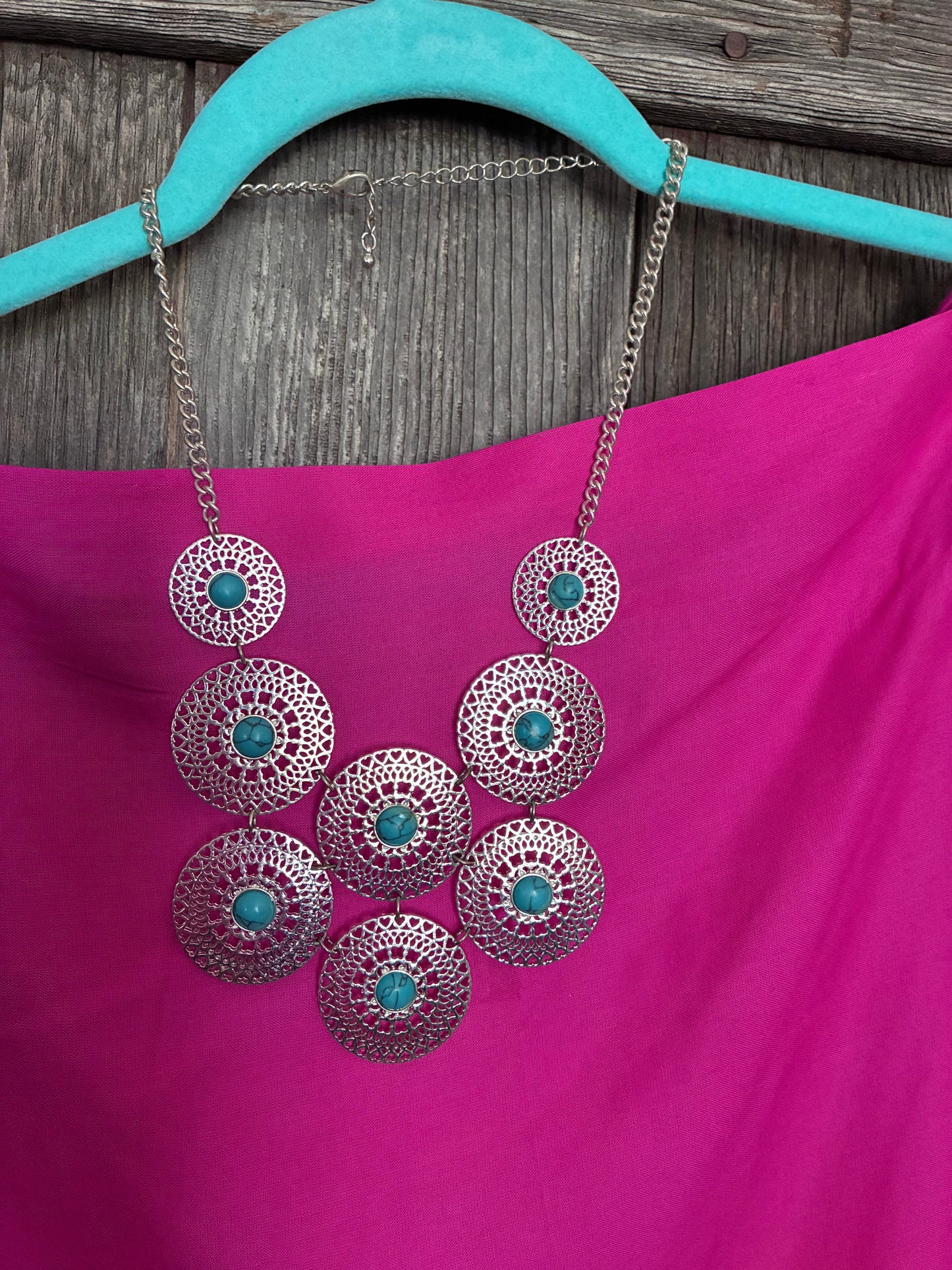 Silver Filigree & Turquoise-Style Bib Statement Necklace