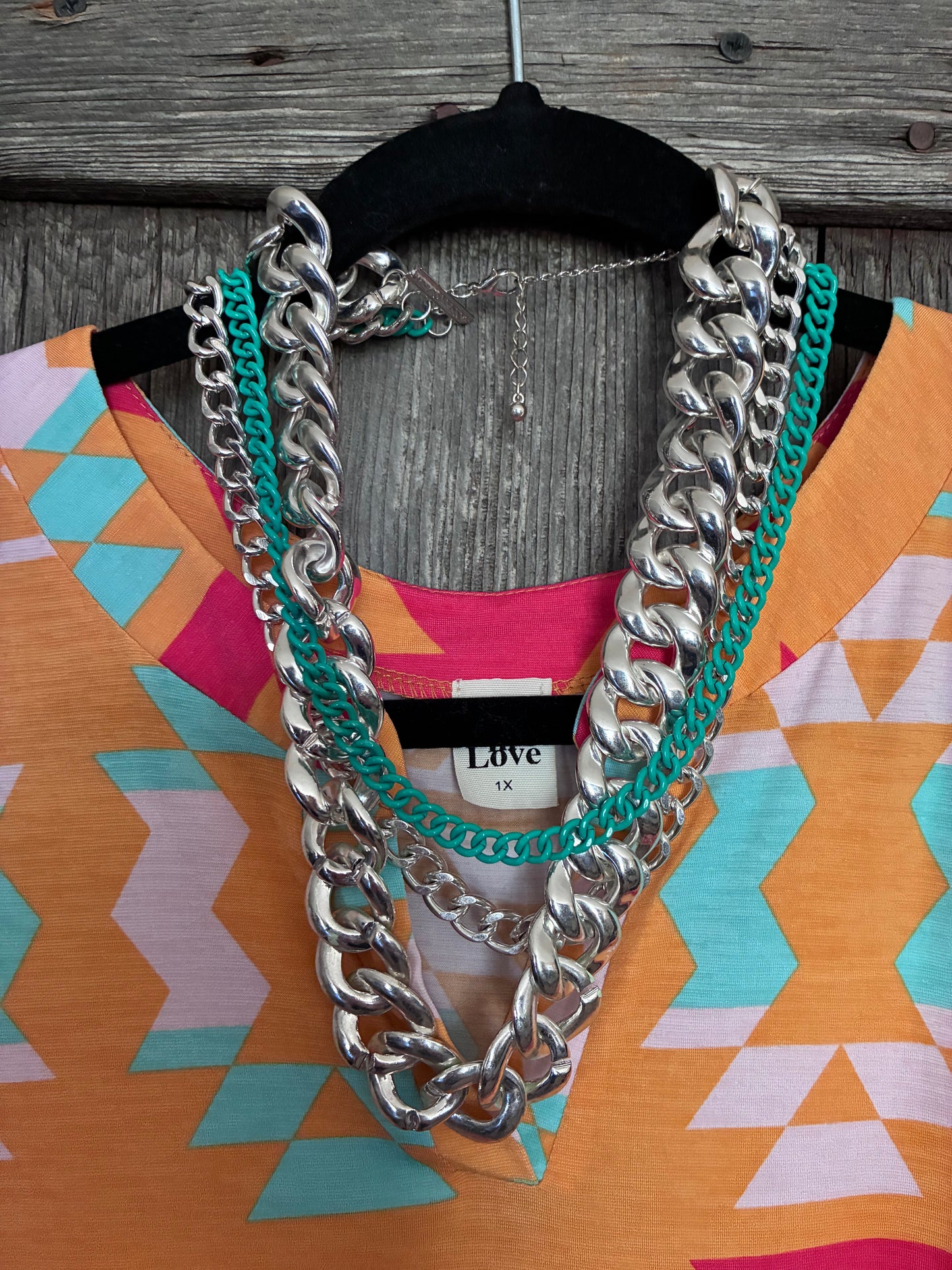 Layered Chunky Chain Necklace Set – Silver & Turquoise