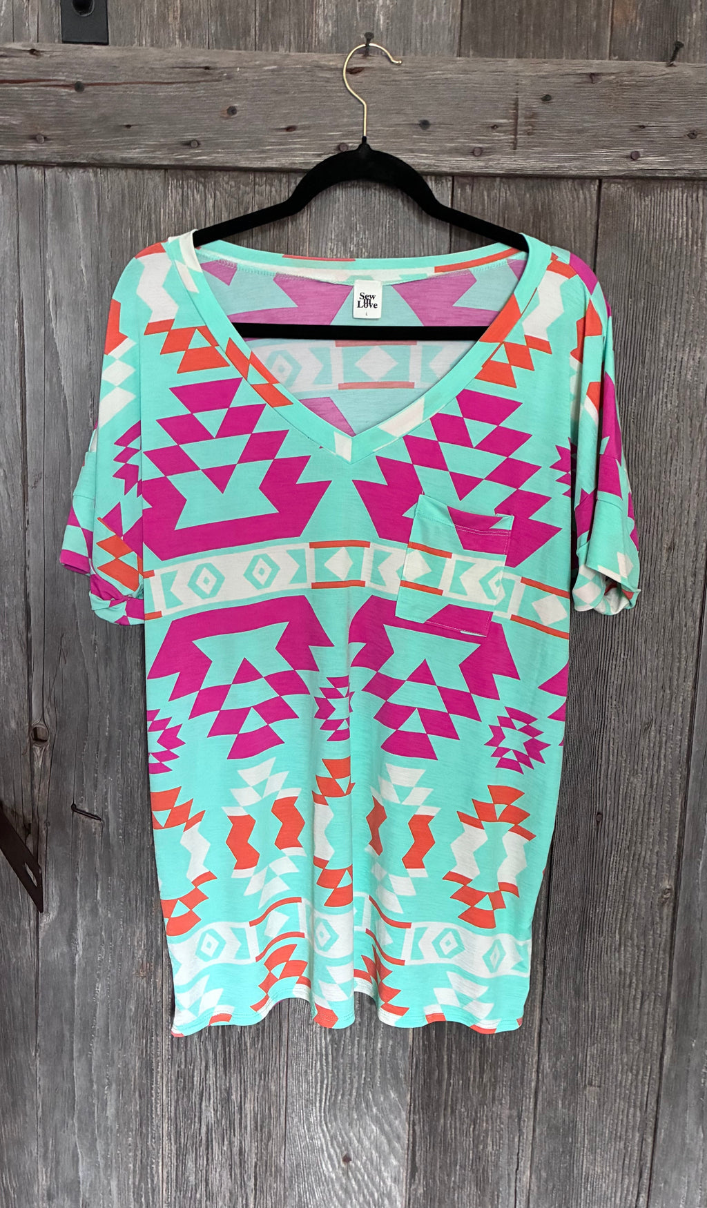 Sew In Love Aztec V-Neck Tee – Mint/Magenta/Orange (L)