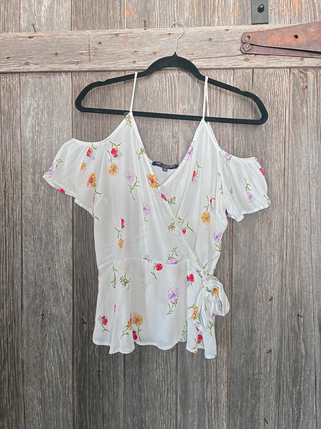 One Love Clothing White Floral Wrap Top – Size L