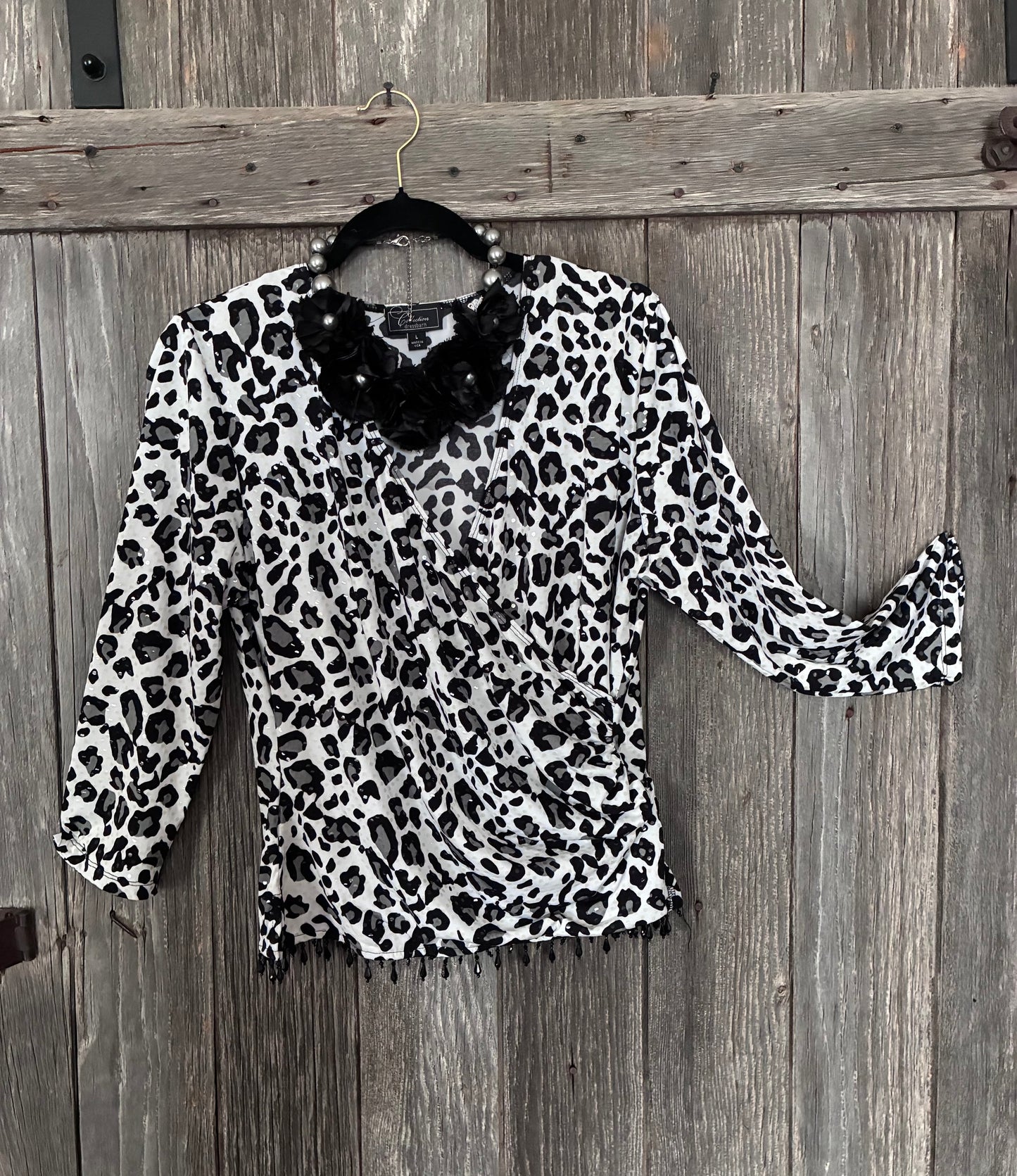 Leopard Print Sequin Blouse with Black Bead Fringe