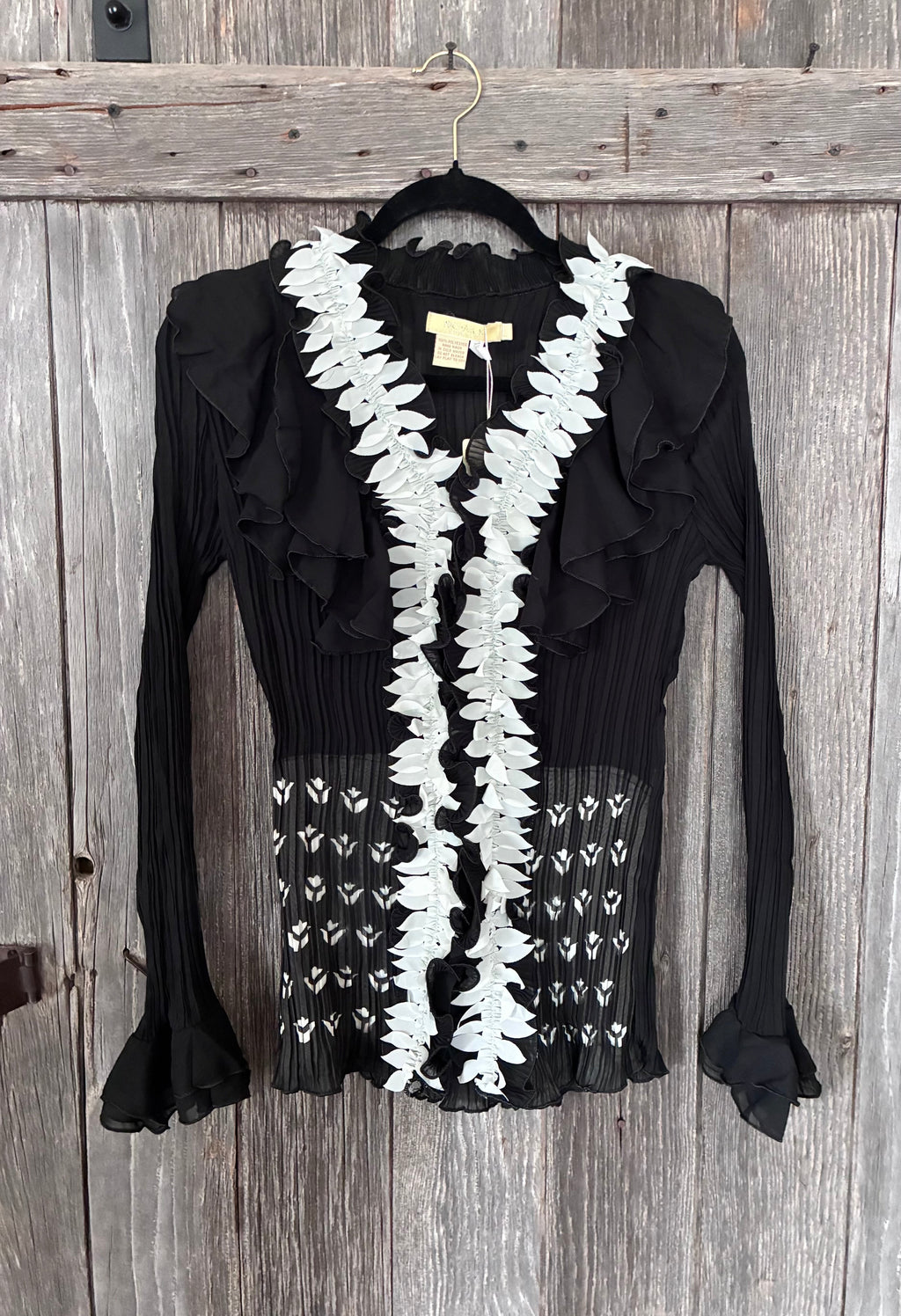 Michael K Designed in Italy Black Petal Appliqué Ruffle Blouse NWT