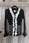 Michael K Designed in Italy Black Petal Appliqué Ruffle Blouse NWT