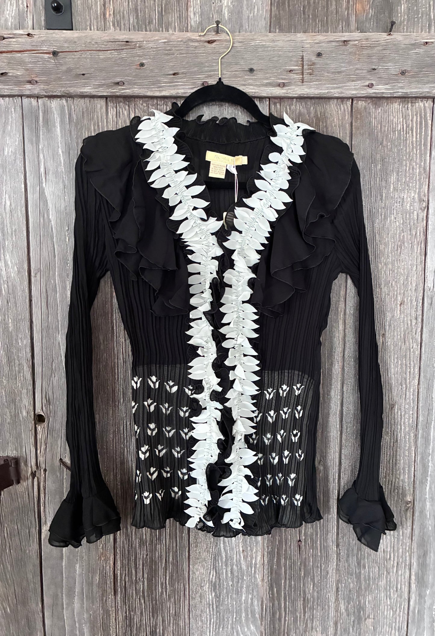 Michael K Designed in Italy Black Petal Appliqué Ruffle Blouse NWT