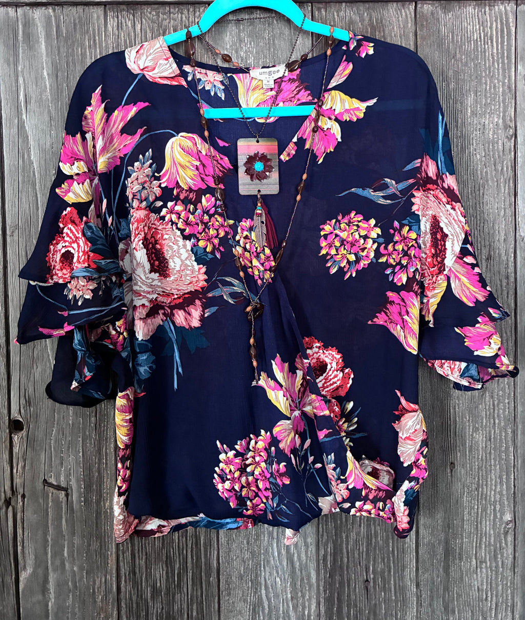 Umgee USA Navy Floral Surplice Top – Size M