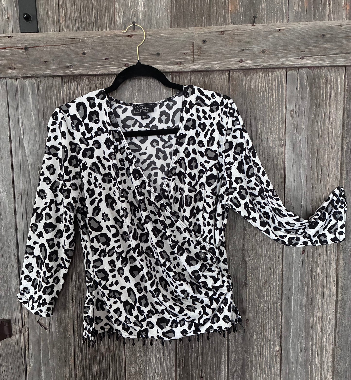 Leopard Print Sequin Blouse with Black Bead Fringe