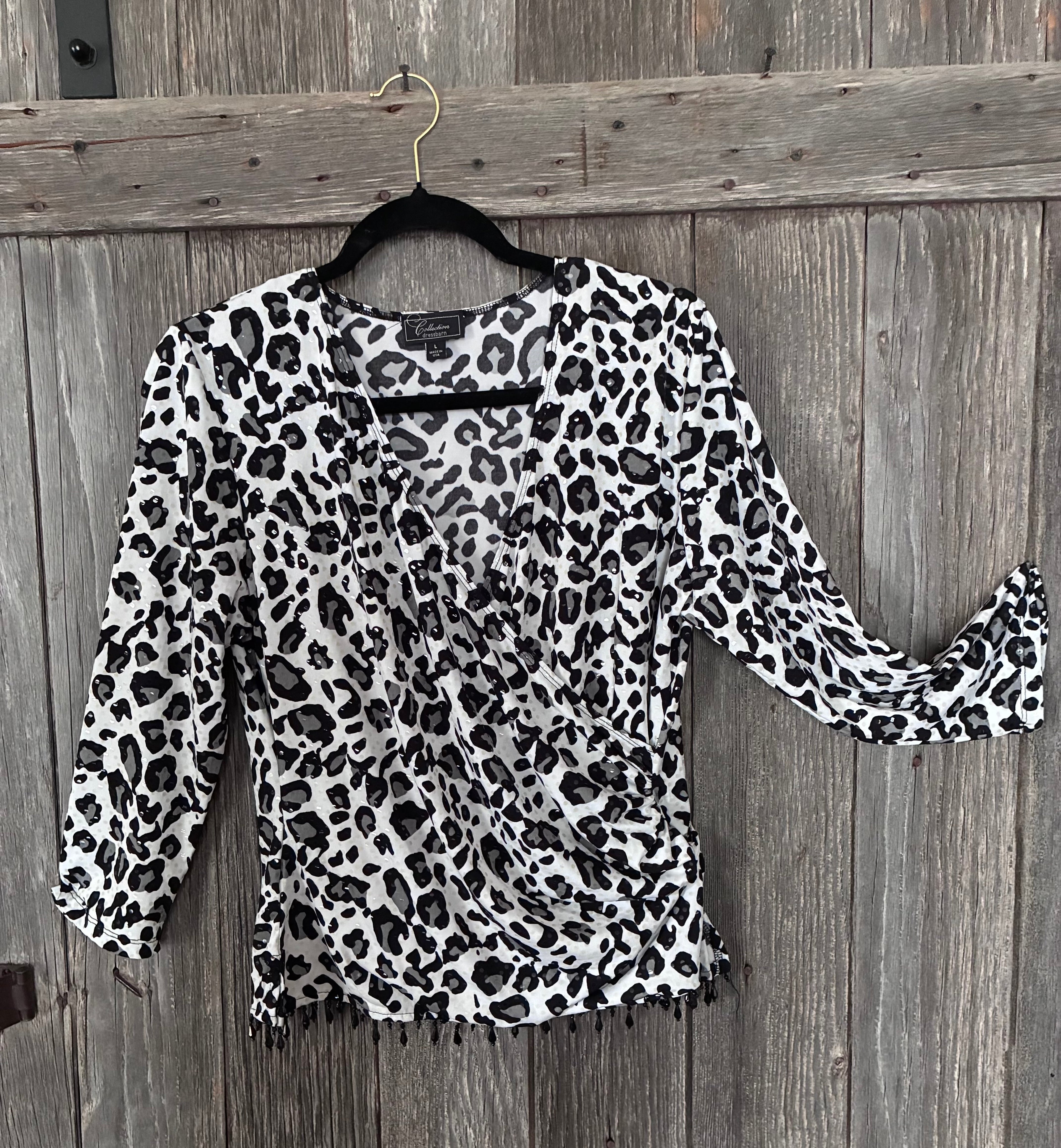 Leopard Print Sequin Blouse with Black Bead Fringe