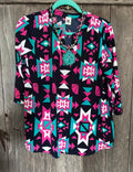 Sew In Love Aztec V-Neck Top – Navy/Magenta/Teal (M)