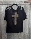 Vocal Rhinestone Cross Cold Shoulder Top – M
