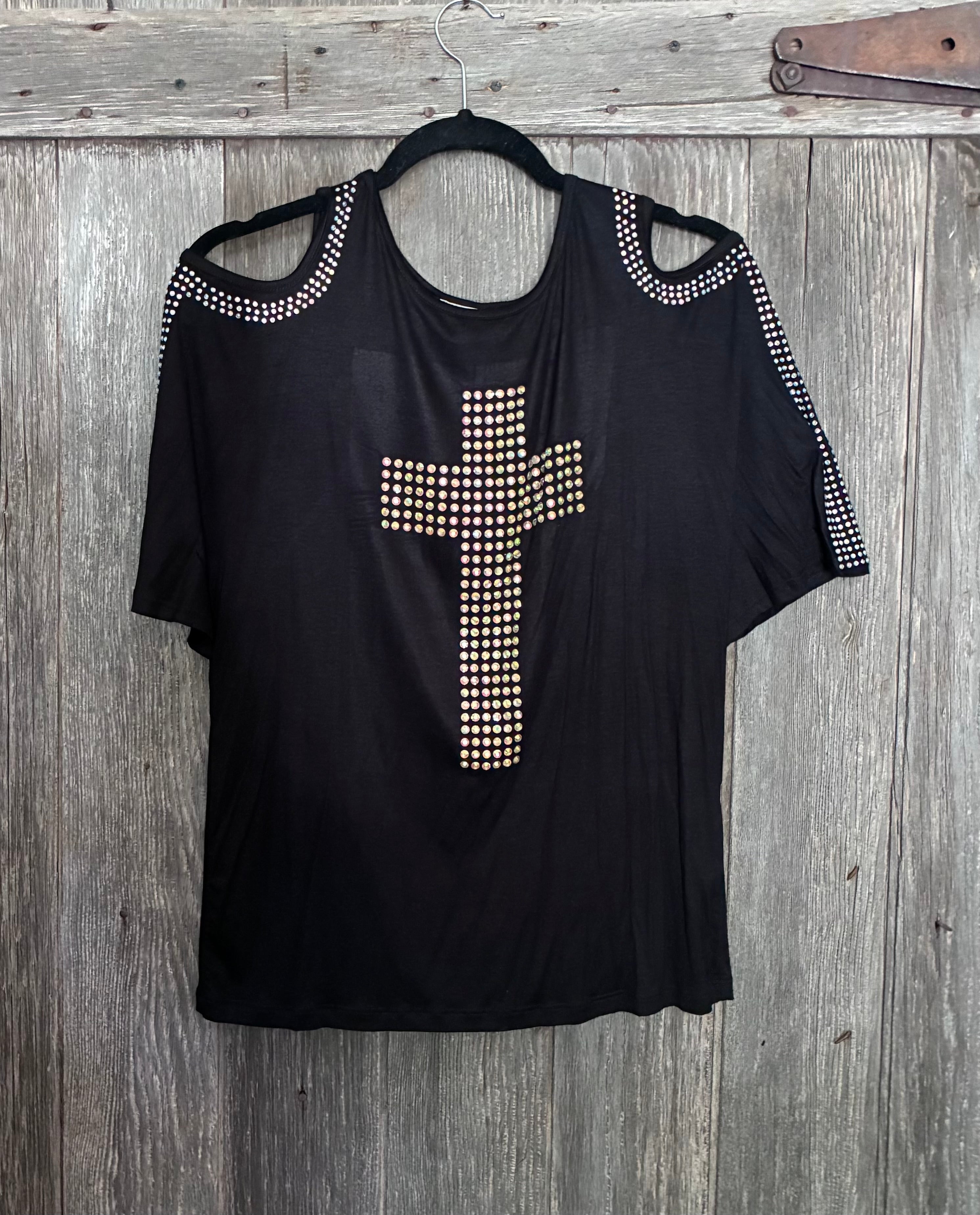 Vocal Rhinestone Cross Cold Shoulder Top – M