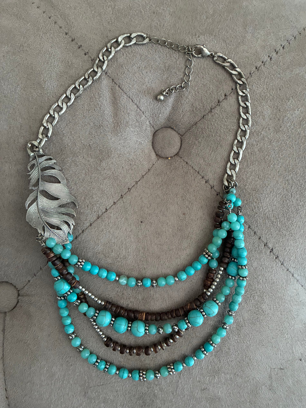 Turquoise Multi-Strand Beaded Feather Necklace