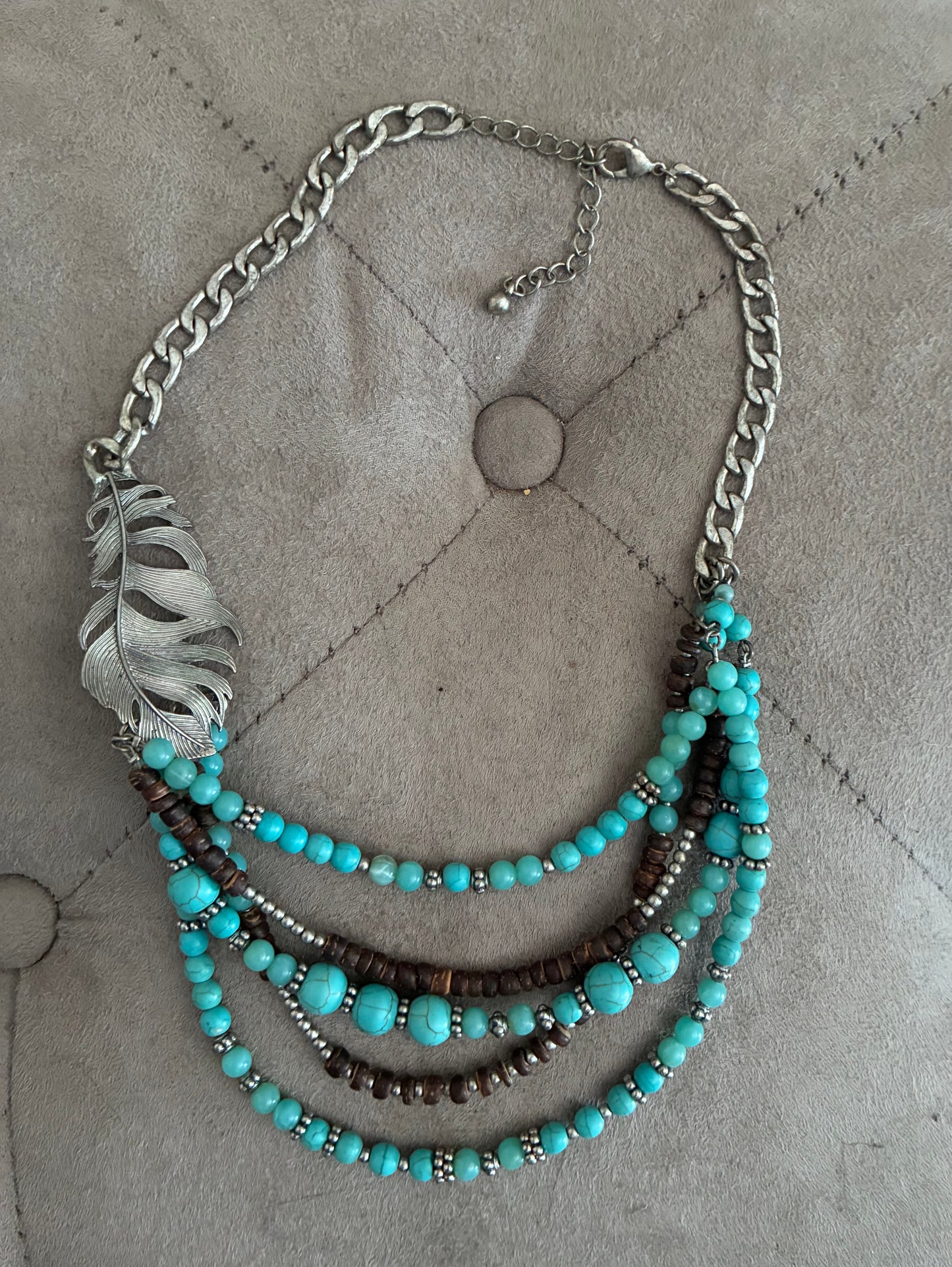 Turquoise Multi-Strand Beaded Feather Necklace