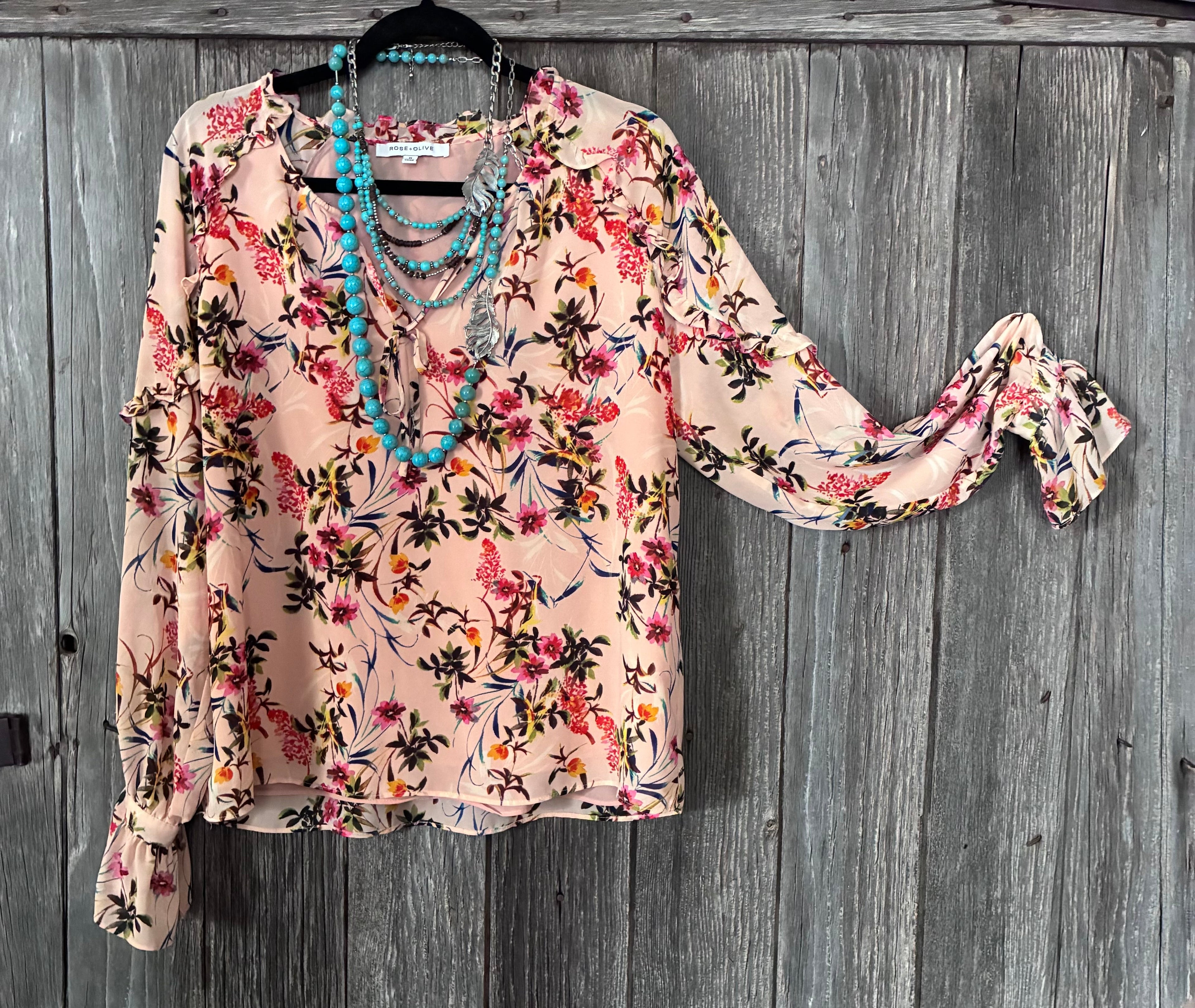 Rose + Olive Blush Floral Chiffon Blouse – Size M