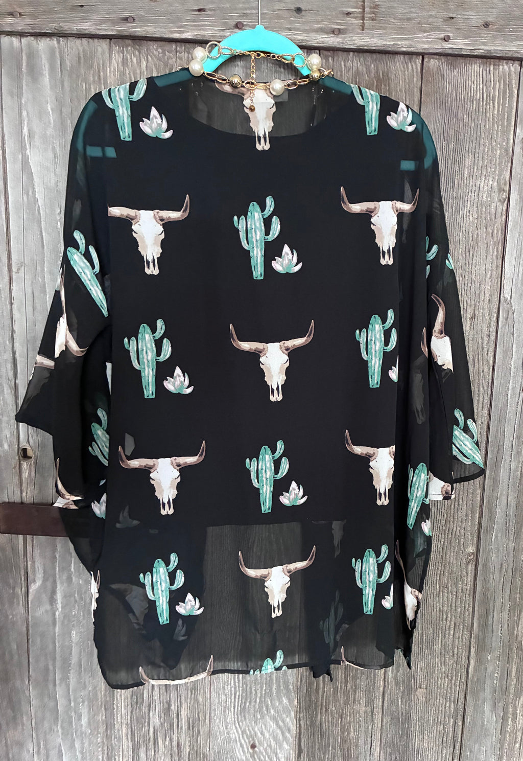 Peach Love California Bull Skull & Cactus Kimono Cardigan – Black (S)